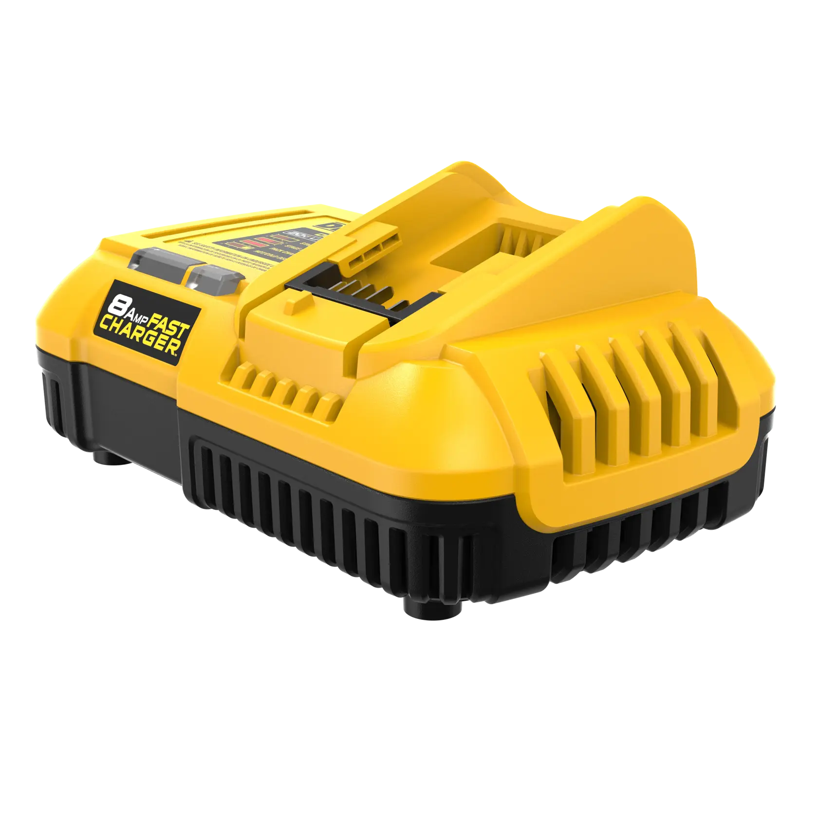 Cargador rápido DEWALT DCB118 de 8 amperios para baterías de herramientas eléctricas, con carcasa amarilla y negra y rejillas de ventilación visibles.