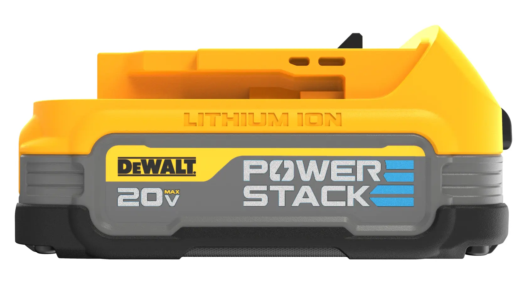 Vista frontal de una batería de ion de litio DEWALT 20V MAX POWERSTACK. La batería es amarilla y gris, con el logotipo de DEWALT y el nombre del producto claramente visibles.