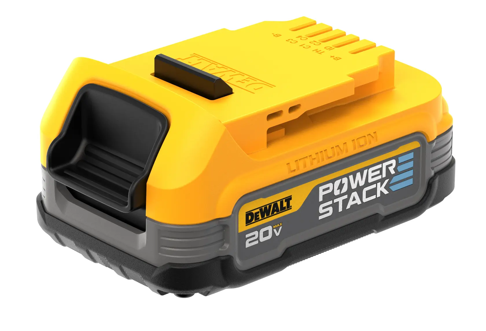 Una batería de ion de litio DEWALT PowerStack de 20V, con un diseño compacto en amarillo y negro y la marca DEWALT y la información del modelo claramente visibles.