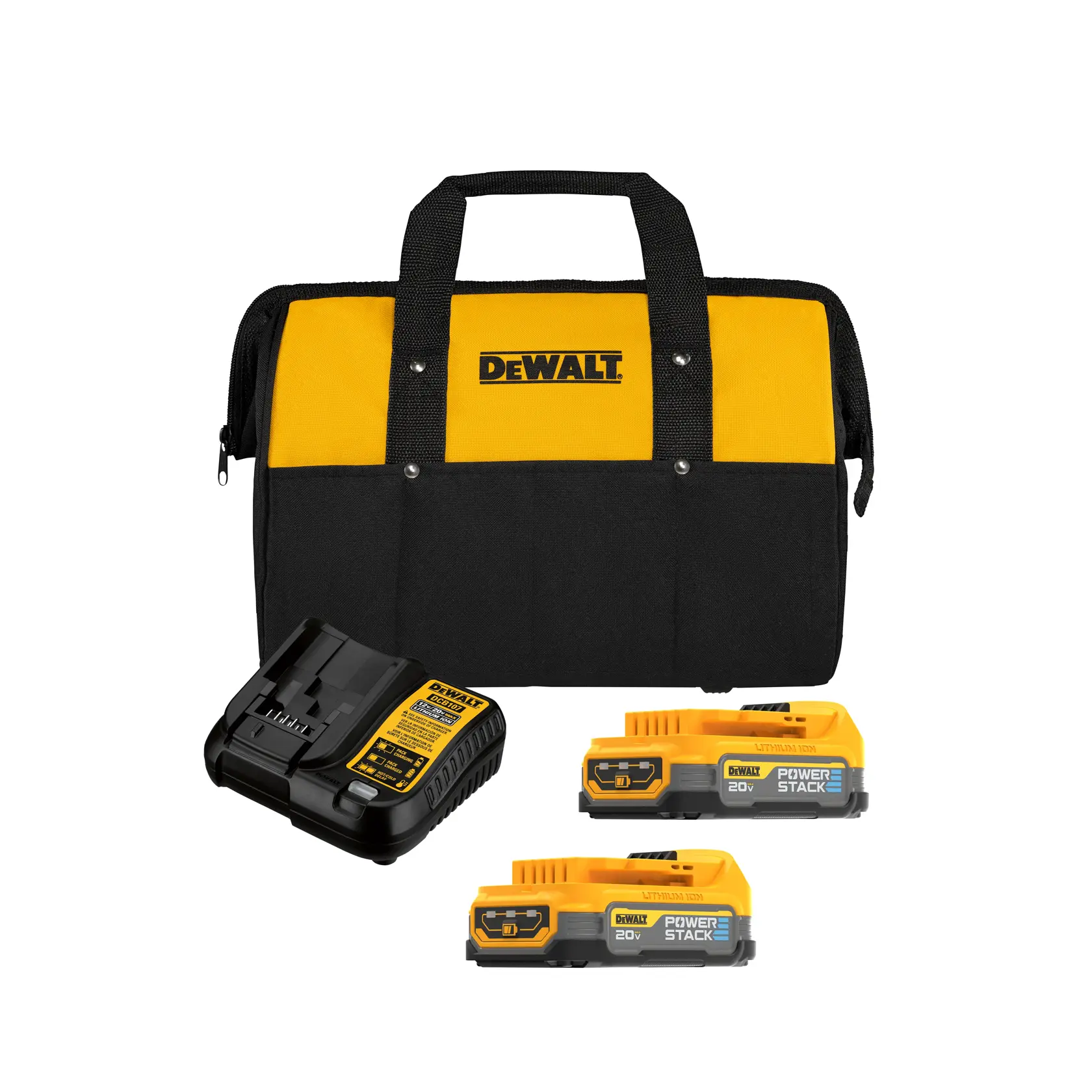 Bolsa de herramientas DEWALT amarilla y negra, junto a un cargador de baterías y dos baterías DEWALT 20V POWERSTACK, todos colocados sobre un fondo blanco.