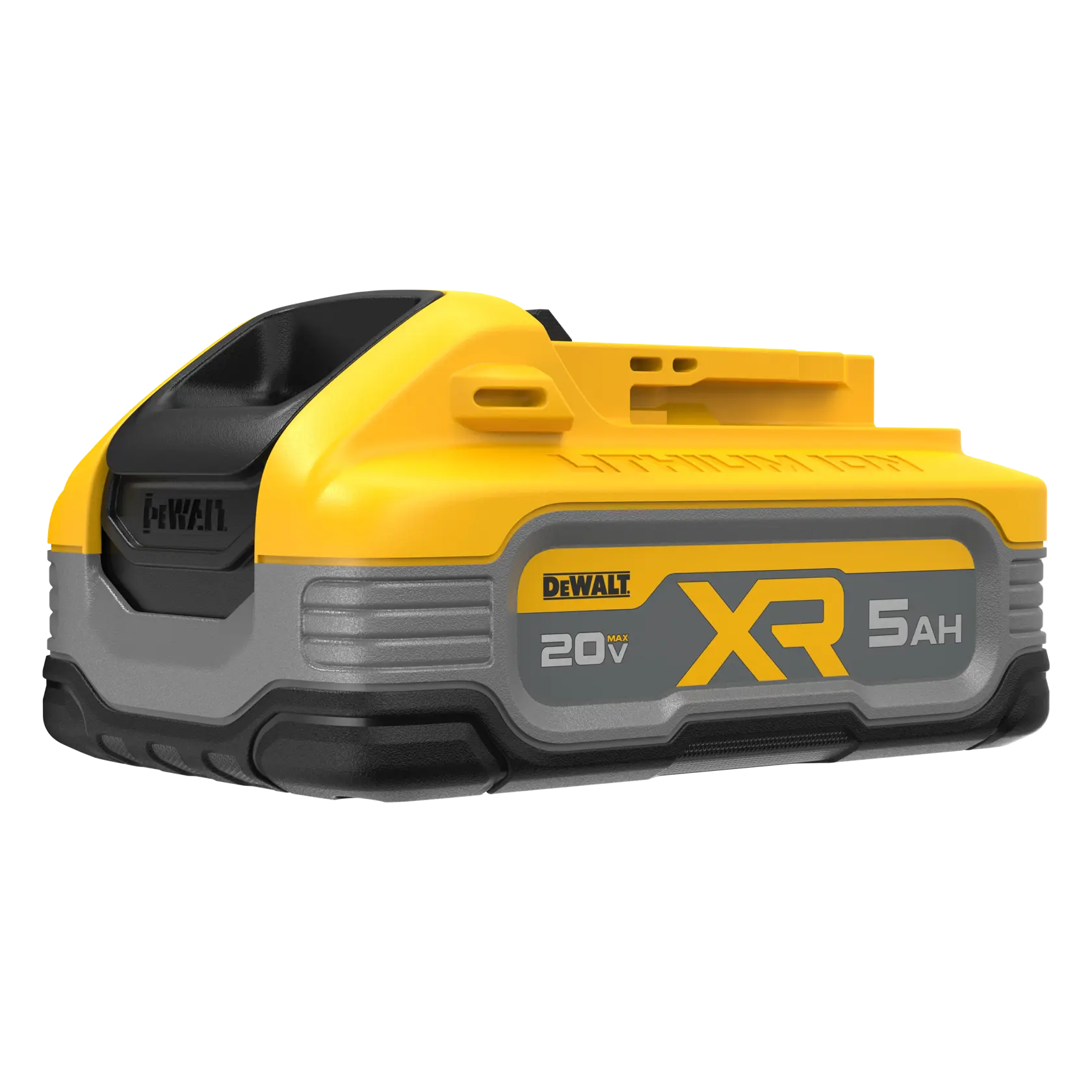 Una batería de litio-ion DEWALT XR para herramientas eléctricas, de color amarillo y negro, con 20V Max y 5Ah de capacidad claramente indicado en el lateral.