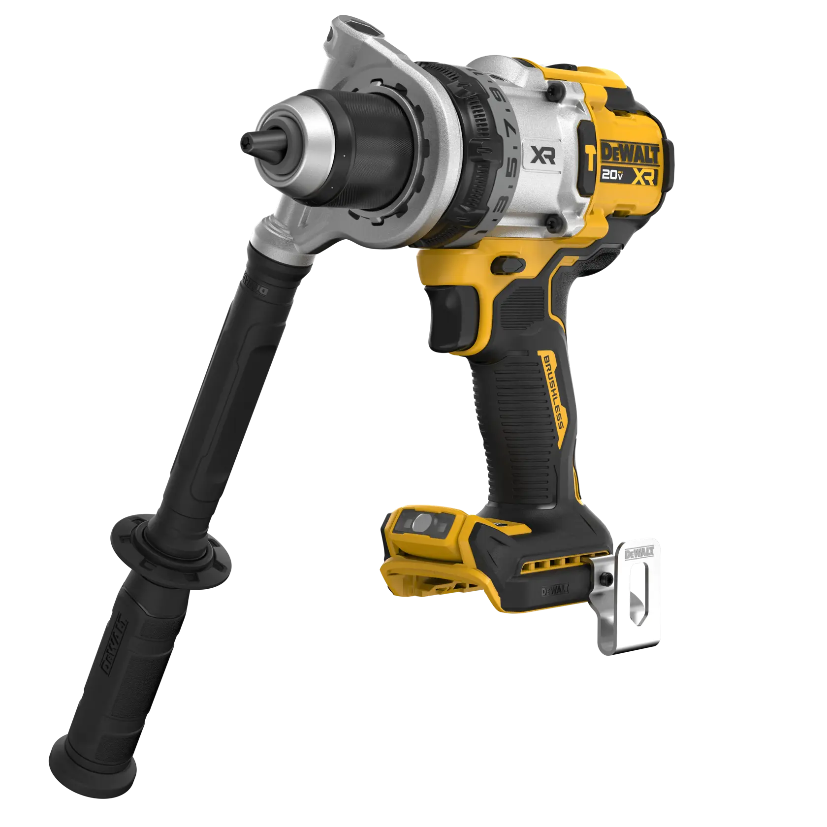Taladro inalámbrico DEWALT 20V XR con mango lateral y clip de cinturón metálico. La herramienta tiene un diseño en amarillo y negro, con la marca y la información del motor sin escobillas visible en el lateral.
