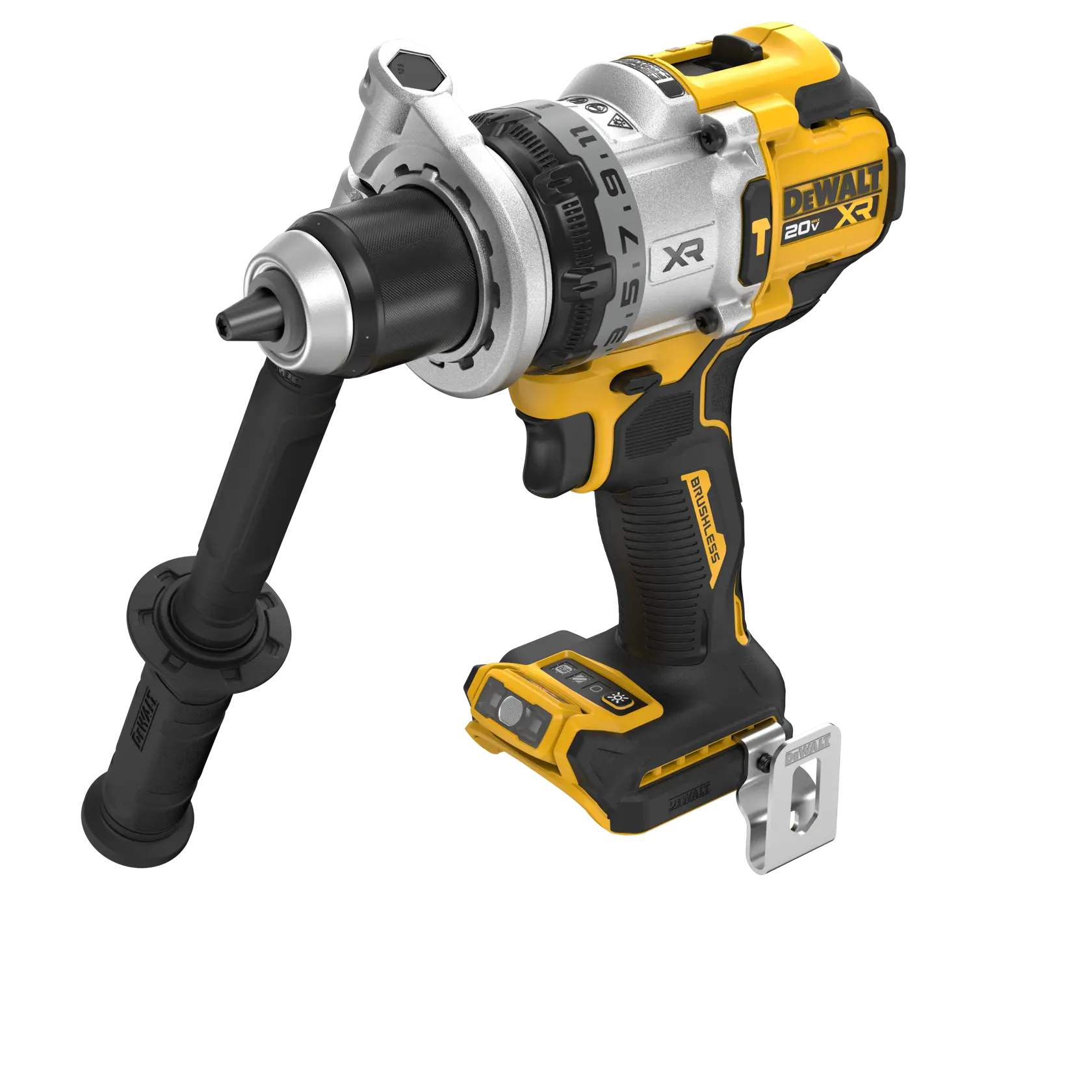 Un taladro inalámbrico DEWALT 20V XR con mango lateral y clip metálico para cinturón, con motor sin escobillas y diseño ergonómico.