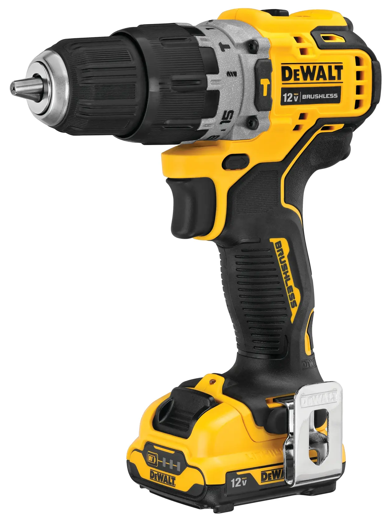 Un taladro inalámbrico DEWALT 12V brushless amarillo y negro con una batería conectada en la base y un clip para cinturón en el lado.