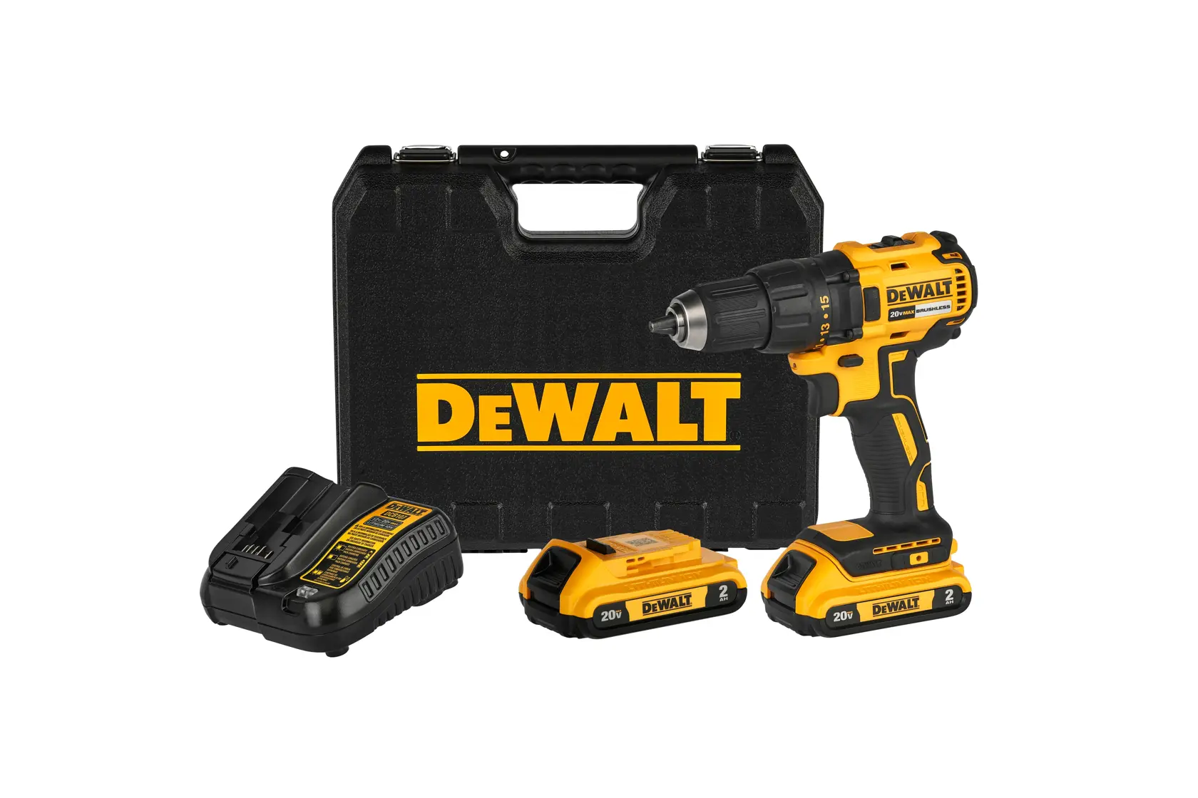 Un taladro inalámbrico DEWALT con motor sin escobillas, de colores amarillo y negro y con la etiqueta 20V MAX.