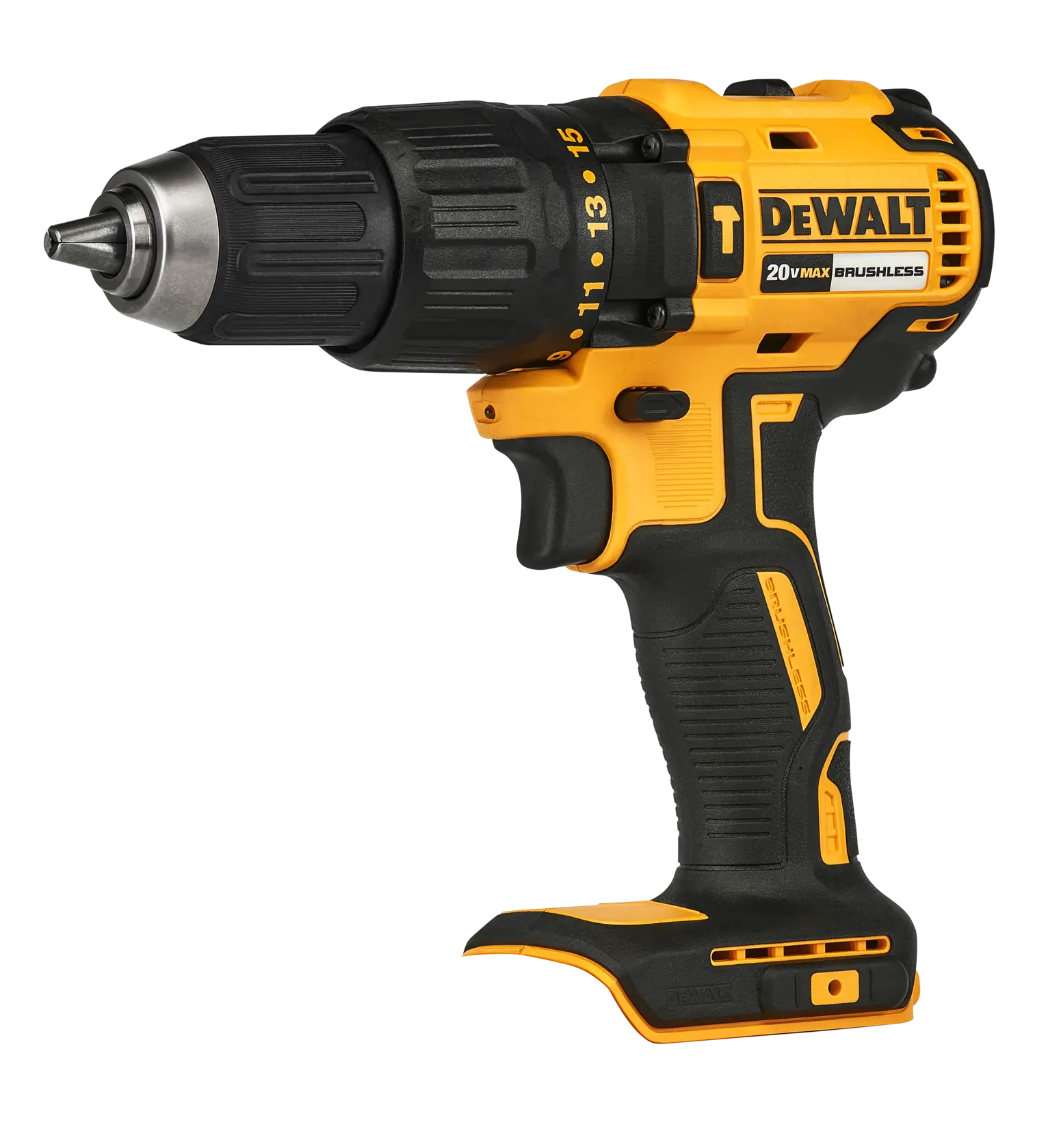 Taladro inalámbrico DEWALT amarillo y negro con mango ergonómico y ajustes visibles en el costado.