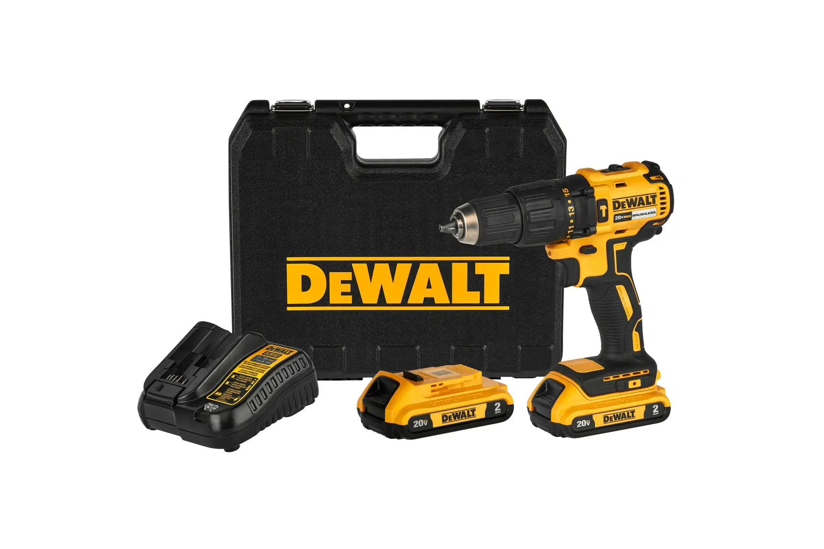Un set de taladro inalámbrico DEWALT que incluye un taladro amarillo y negro, dos baterías recargables, un cargador de batería y un maletín negro con el logo DEWALT.