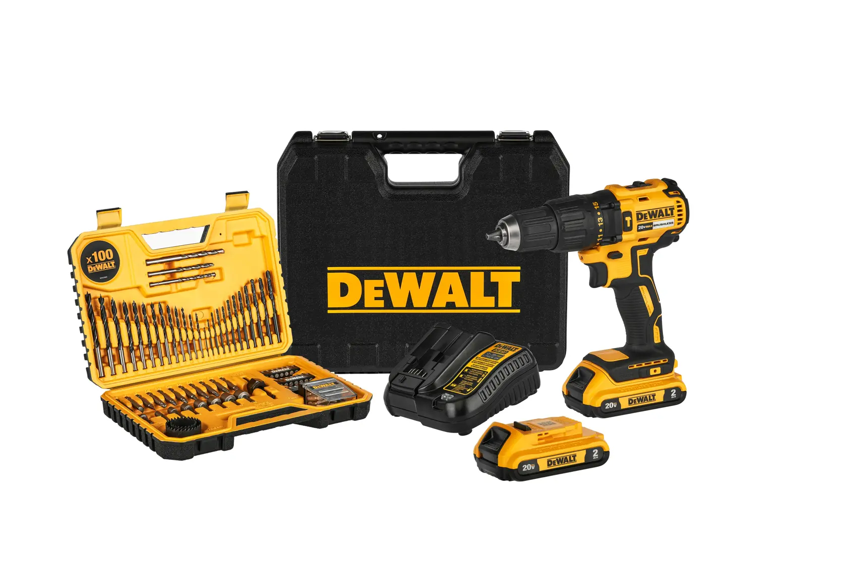 Un kit de taladro inalámbrico DEWALT que incluye un taladro amarillo y negro, dos baterías de litio de 20V, un cargador, un estuche negro con el logo de DEWALT y un estuche amarillo abierto mostrando un set de 100 piezas de brocas y puntas para destornillador.