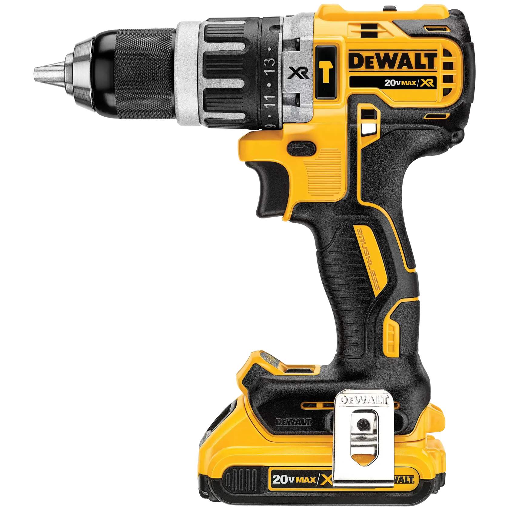 Kit de taladro inalámbrico DEWALT que incluye un taladro de 20V en amarillo y negro, dos baterías recargables, un cargador y un maletín rígido con el logotipo de DEWALT.