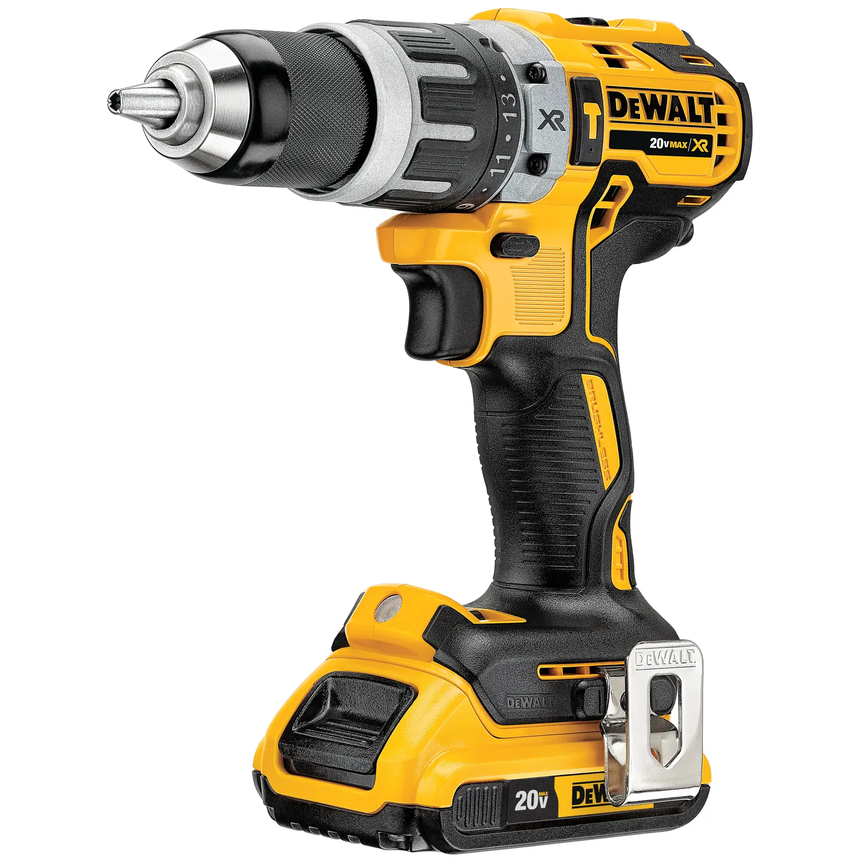 Un taladro eléctrico inalámbrico DEWALT 20V Max XR con diseño amarillo y negro, mostrado de pie con su batería conectada.