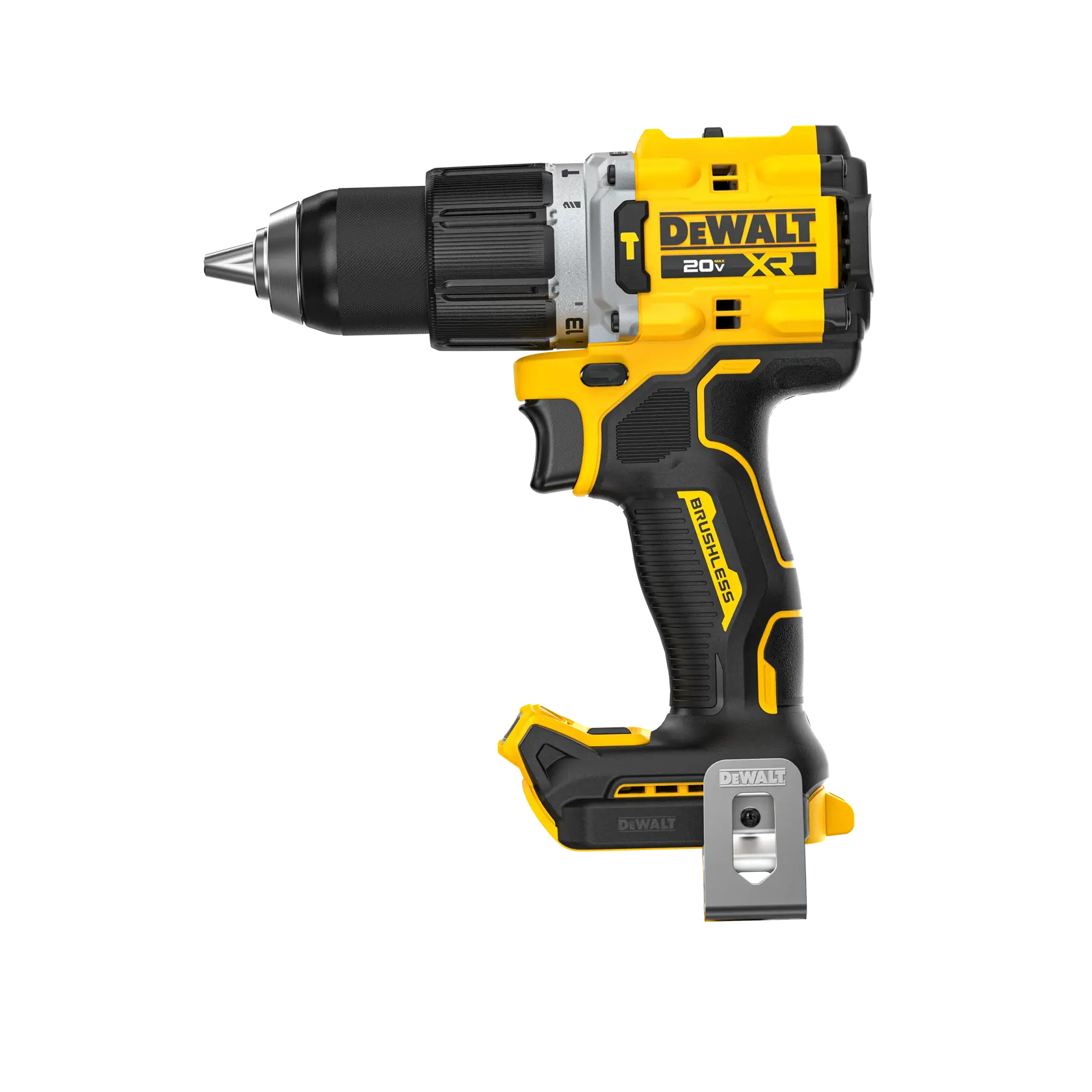 Taladro inalámbrico DEWALT 20V XR, amarillo y negro, vista lateral, fondo blanco.