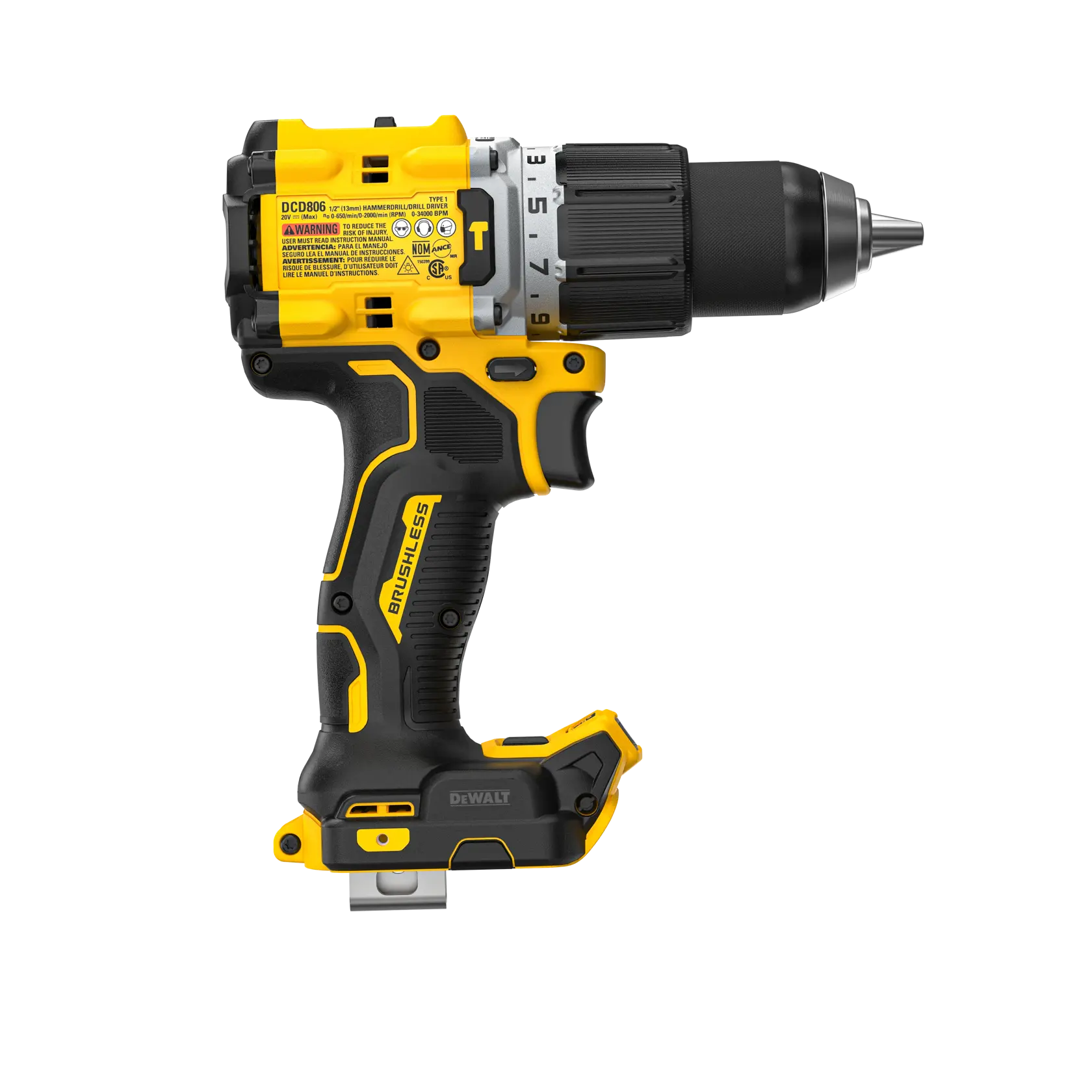 Taladro inalámbrico DEWALT DCD806B amarillo y negro con motor brushless, vista lateral sobre fondo blanco.