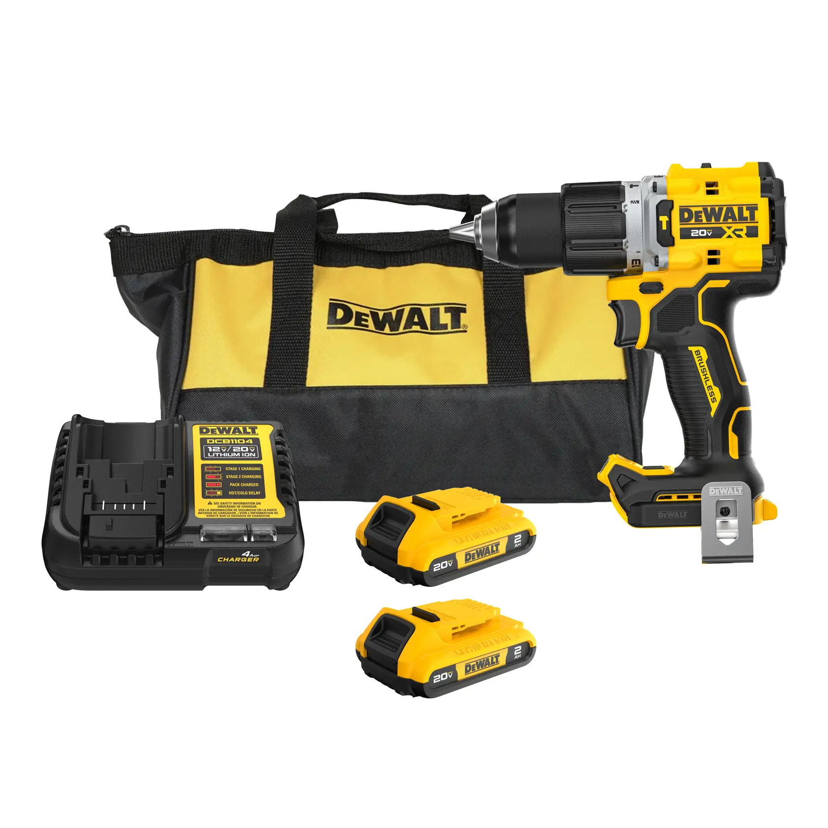 Kit de taladro inalámbrico DEWALT 20V que incluye un taladro, dos baterías, un cargador y una bolsa de transporte negra y amarilla con la marca DEWALT.