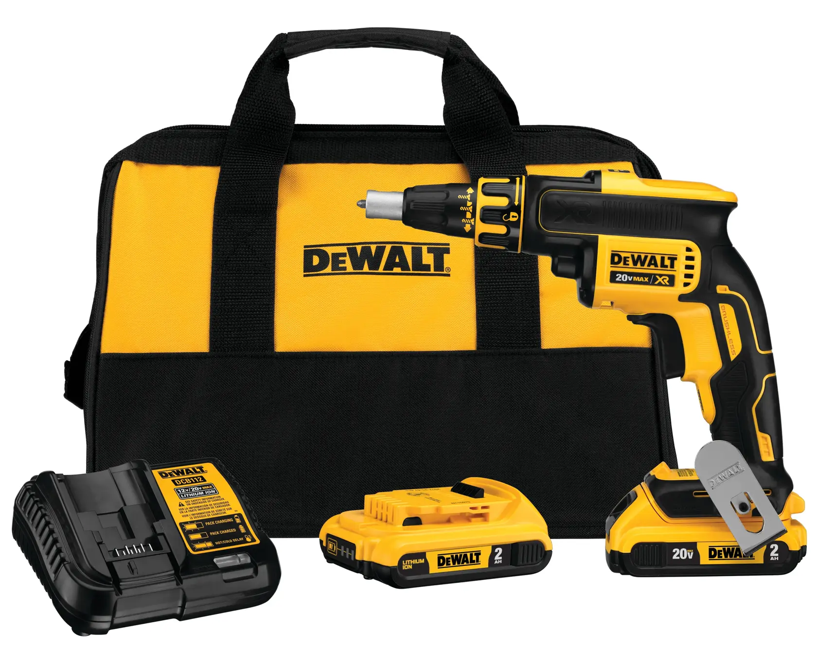 Kit atornillador inalámbrico DEWALT 20V MAX XR que incluye una bolsa de transporte negra y amarilla, atornillador, cargador de batería y dos baterías recargables.