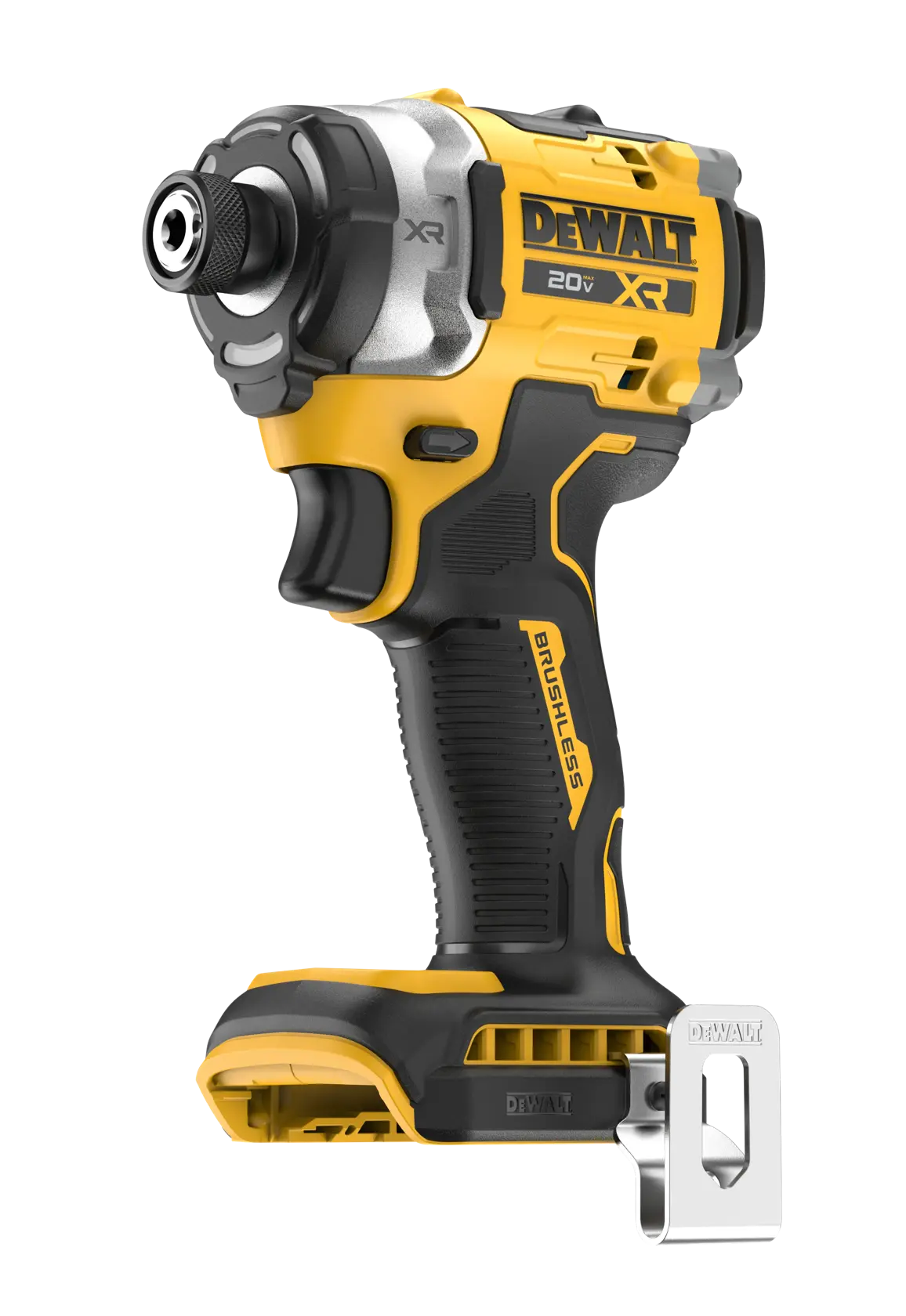 Un destornillador de impacto inalámbrico DEWALT 20V XR sin escobillas, mostrado en color amarillo y negro, con un clip de cinturón de metal adjunto.