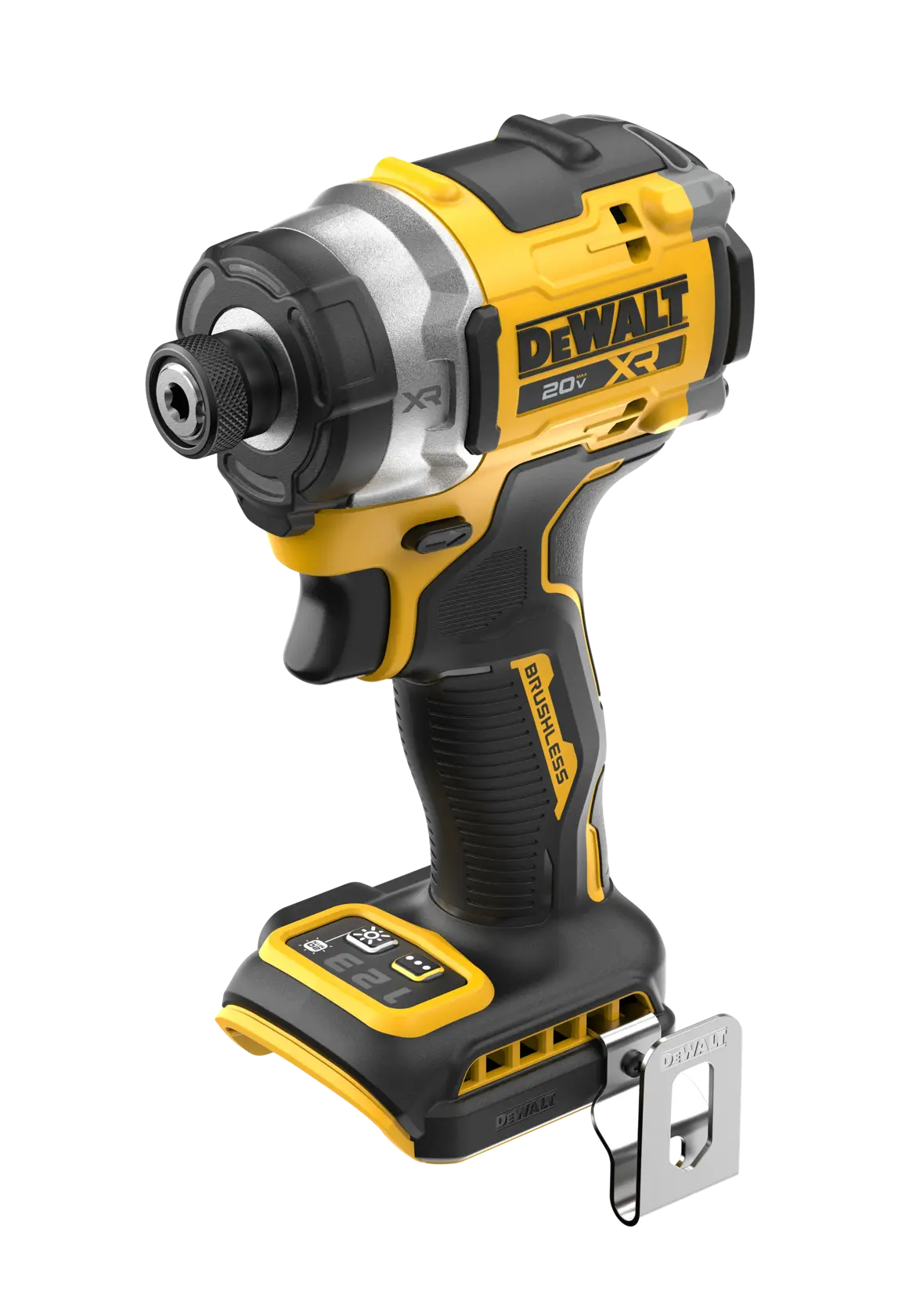 Un destornillador de impacto inalámbrico DEWALT 20V XR sin escobillas, con diseño amarillo y negro, mango ergonómico, clip de cinturón de metal y controles digitales en la base.