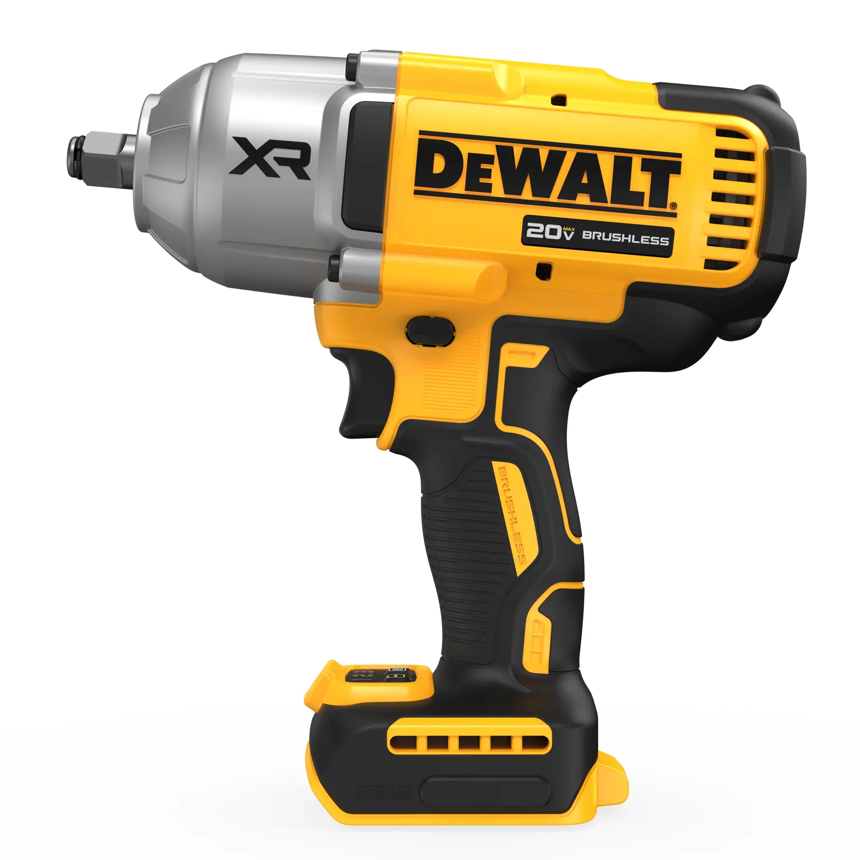 Una llave de impacto inalámbrica DEWALT 20V XR sin escobillas, con un diseño amarillo y negro, mostrada orientada hacia la izquierda sobre un fondo blanco.