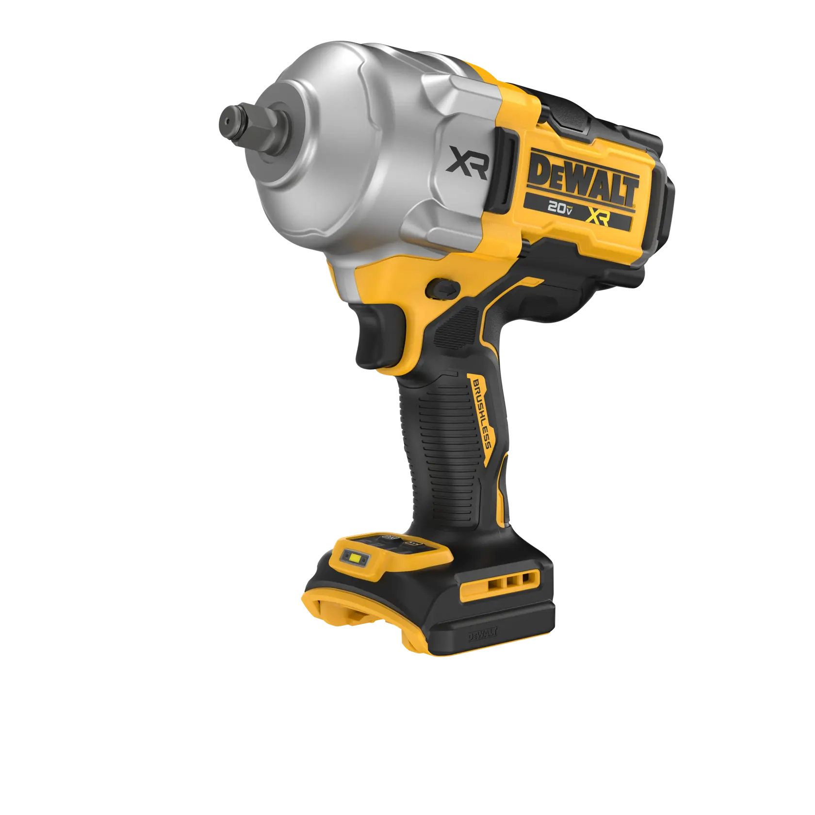 Una llave de impacto inalámbrica DEWALT, modelo XR de 20V, con diseño amarillo y negro. La herramienta se muestra sin batería adjunta.