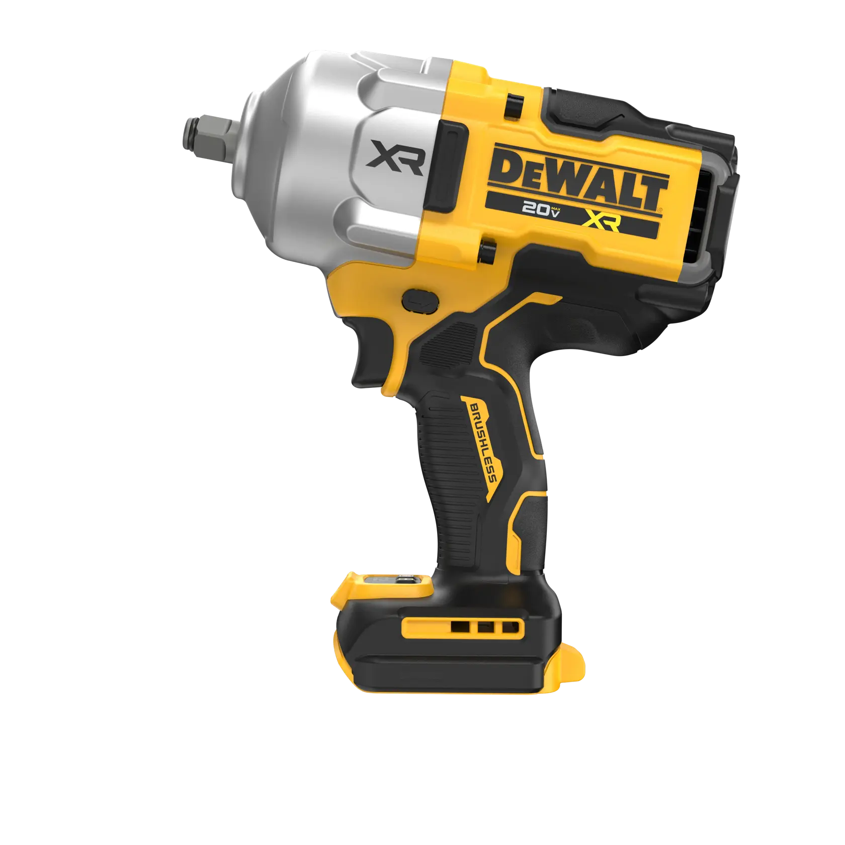 Una llave de impacto inalámbrica DEWALT 20V XR con motor sin escobillas, mostrada en color amarillo y negro.