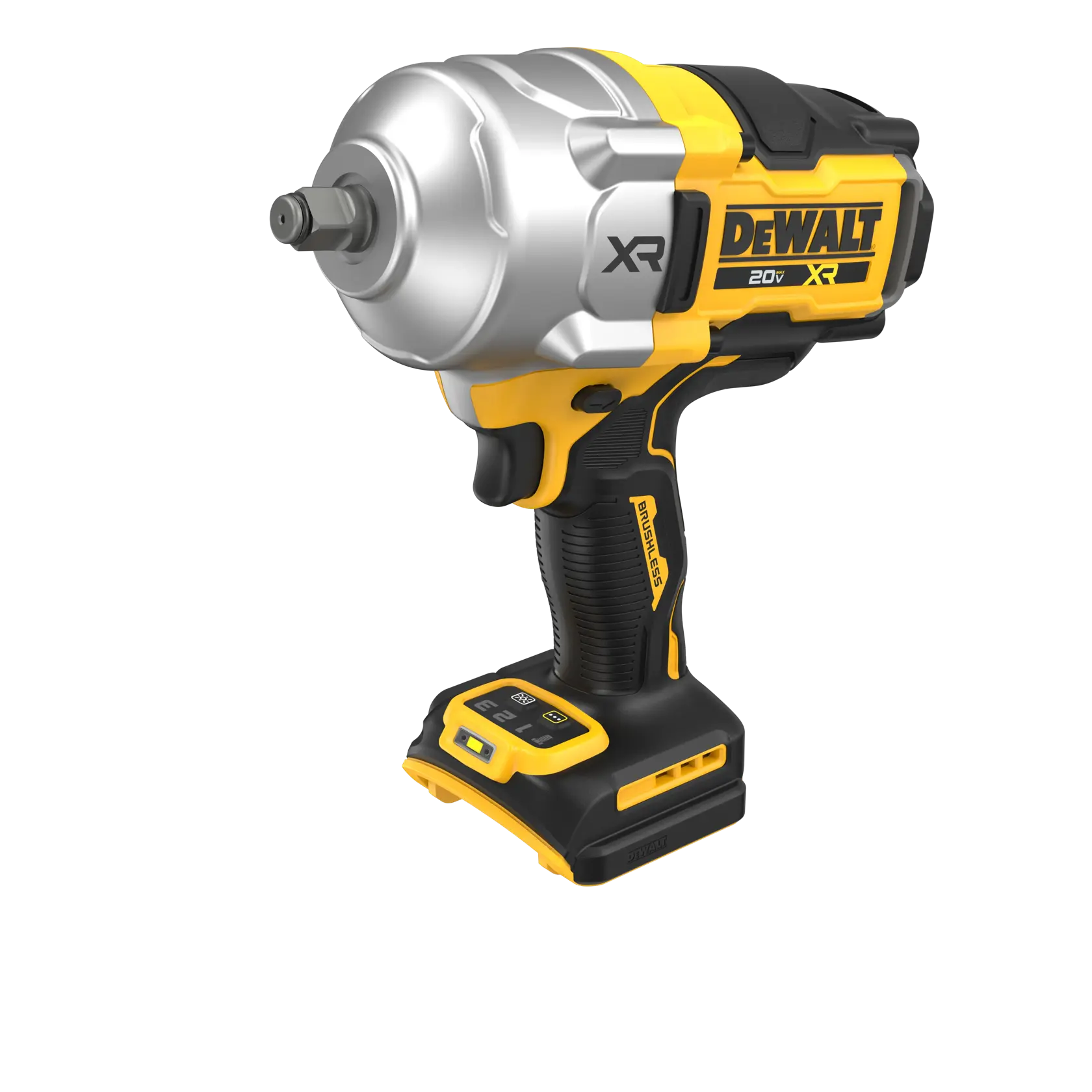 Una llave de impacto inalámbrica DEWALT 20V XR con diseño negro y amarillo, cabezal metálico robusto y empuñadura ergonómica. La herramienta está en posición vertical sin batería instalada.
