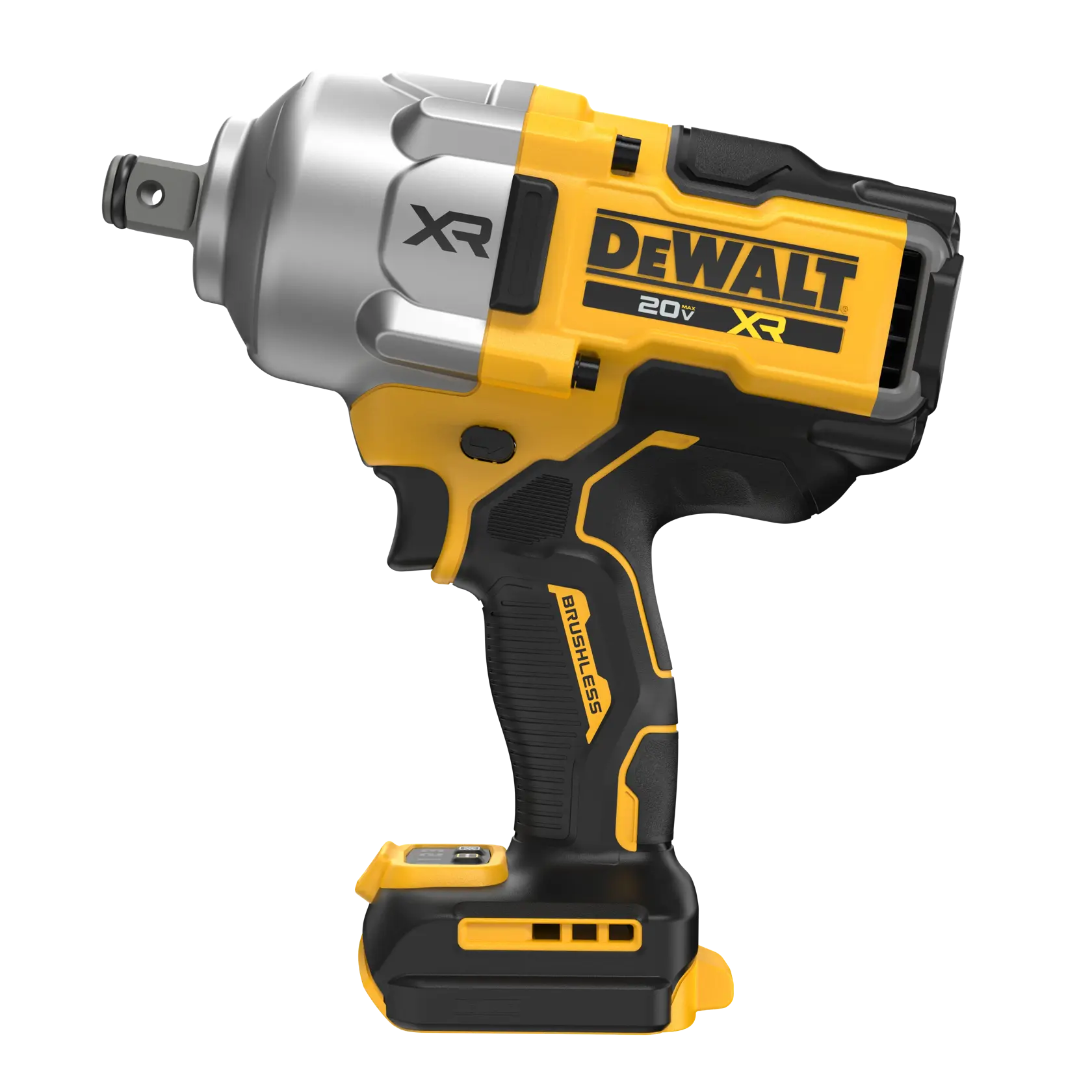Una llave de impacto inalámbrica DEWALT 20V XR con motor sin escobillas, principalmente amarilla con componentes negros y plateados metálicos, vista desde el lado.