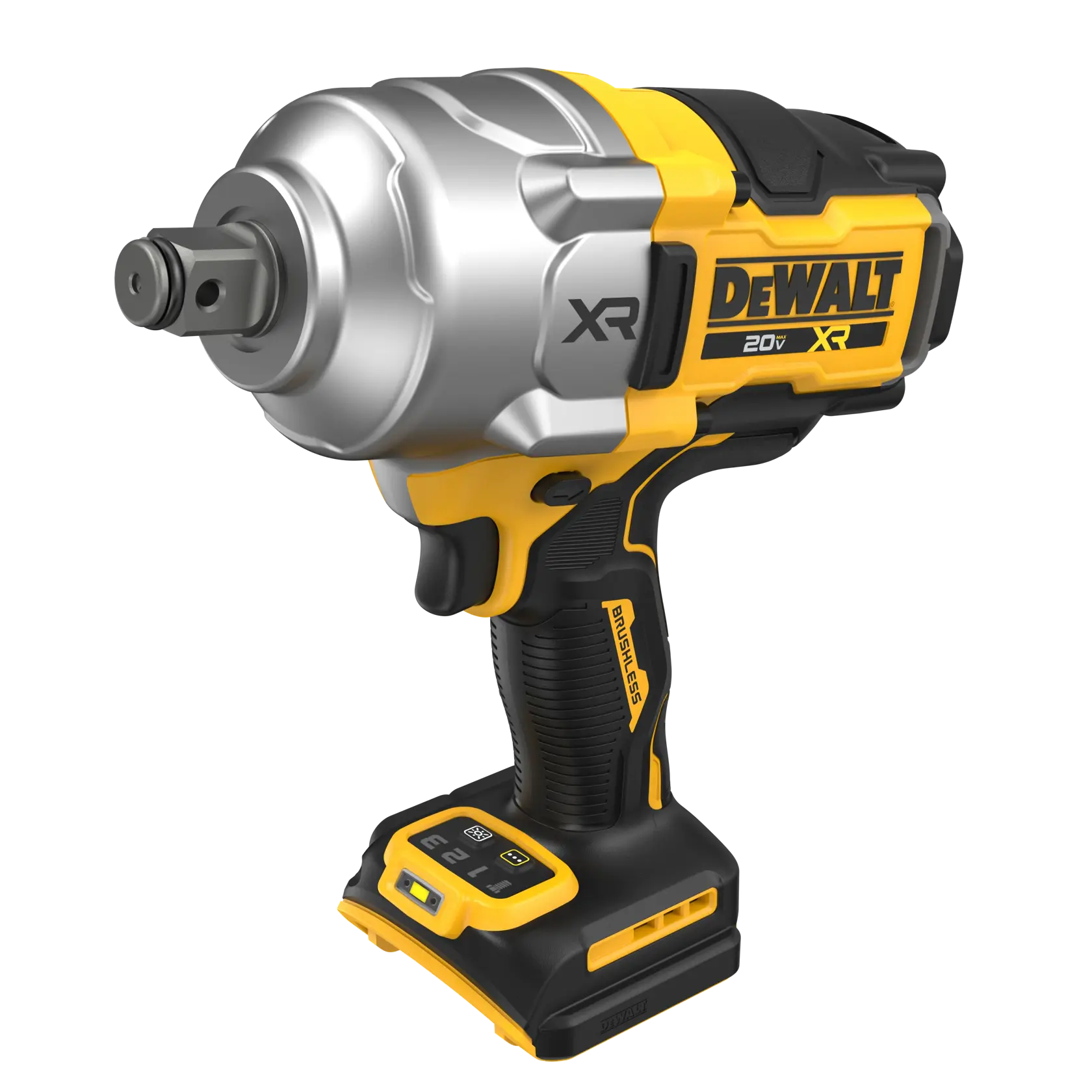 Llave de impacto inalámbrica DEWALT 20V XR con motor sin escobillas, diseño amarillo y negro, marca visible y botones de control en la base del mango.