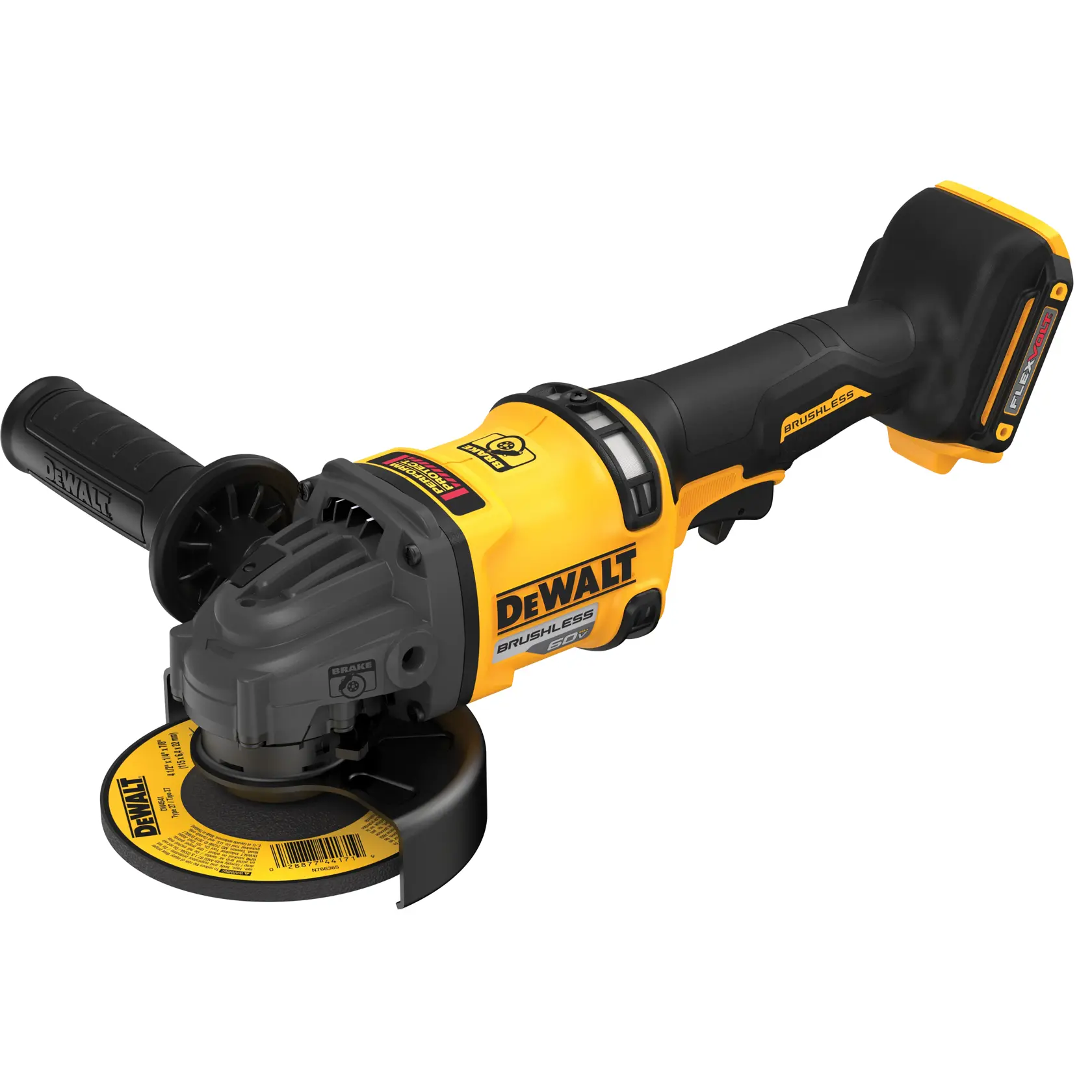 Una amoladora angular inalámbrica DEWALT de diseño amarillo y negro, con empuñadura lateral y disco de esmerilado acoplado.