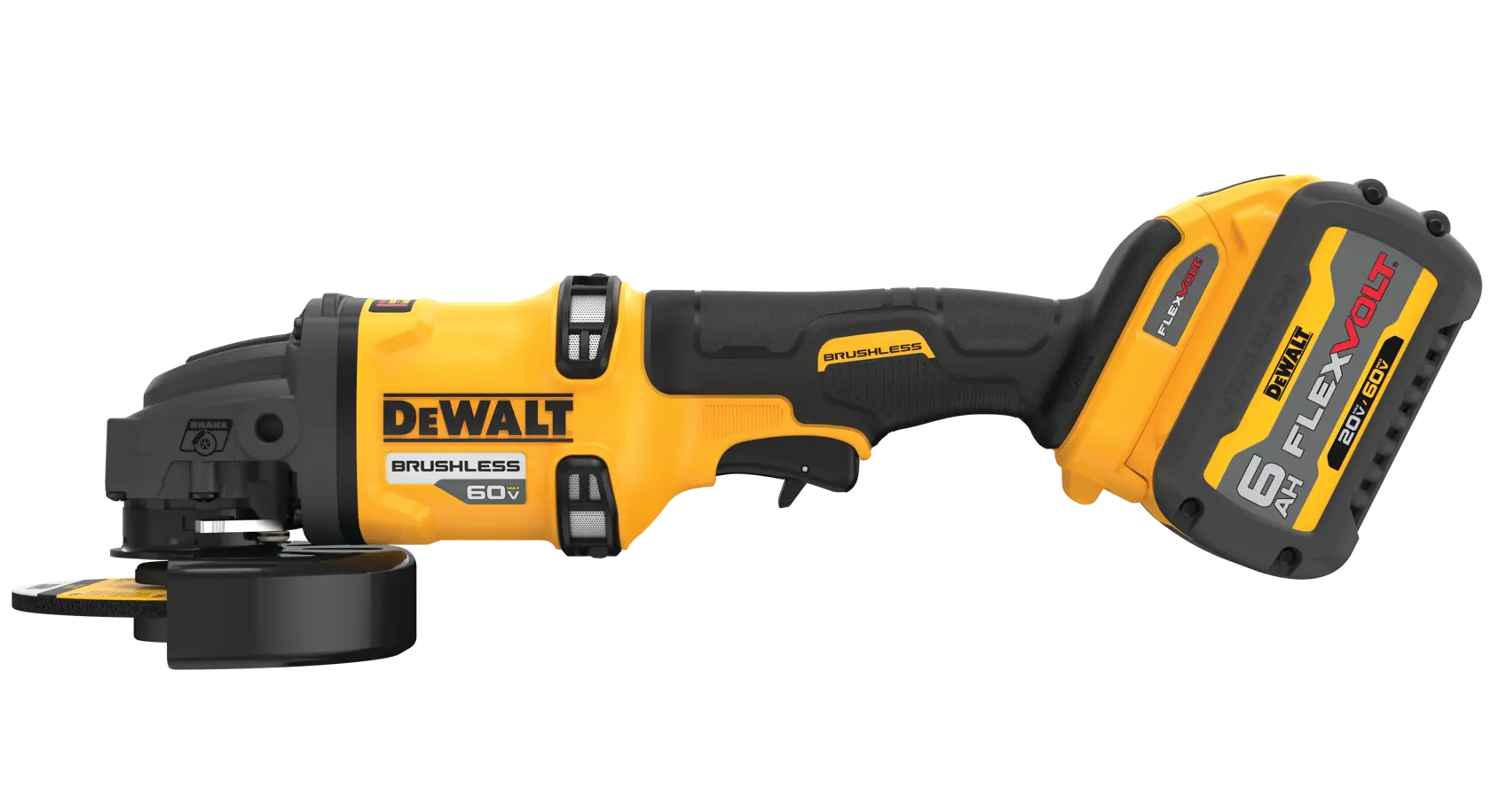 Una amoladora angular inalámbrica DEWALT de 60V en color amarillo y negro, con motor sin escobillas y batería de iones de litio FLEXVOLT.