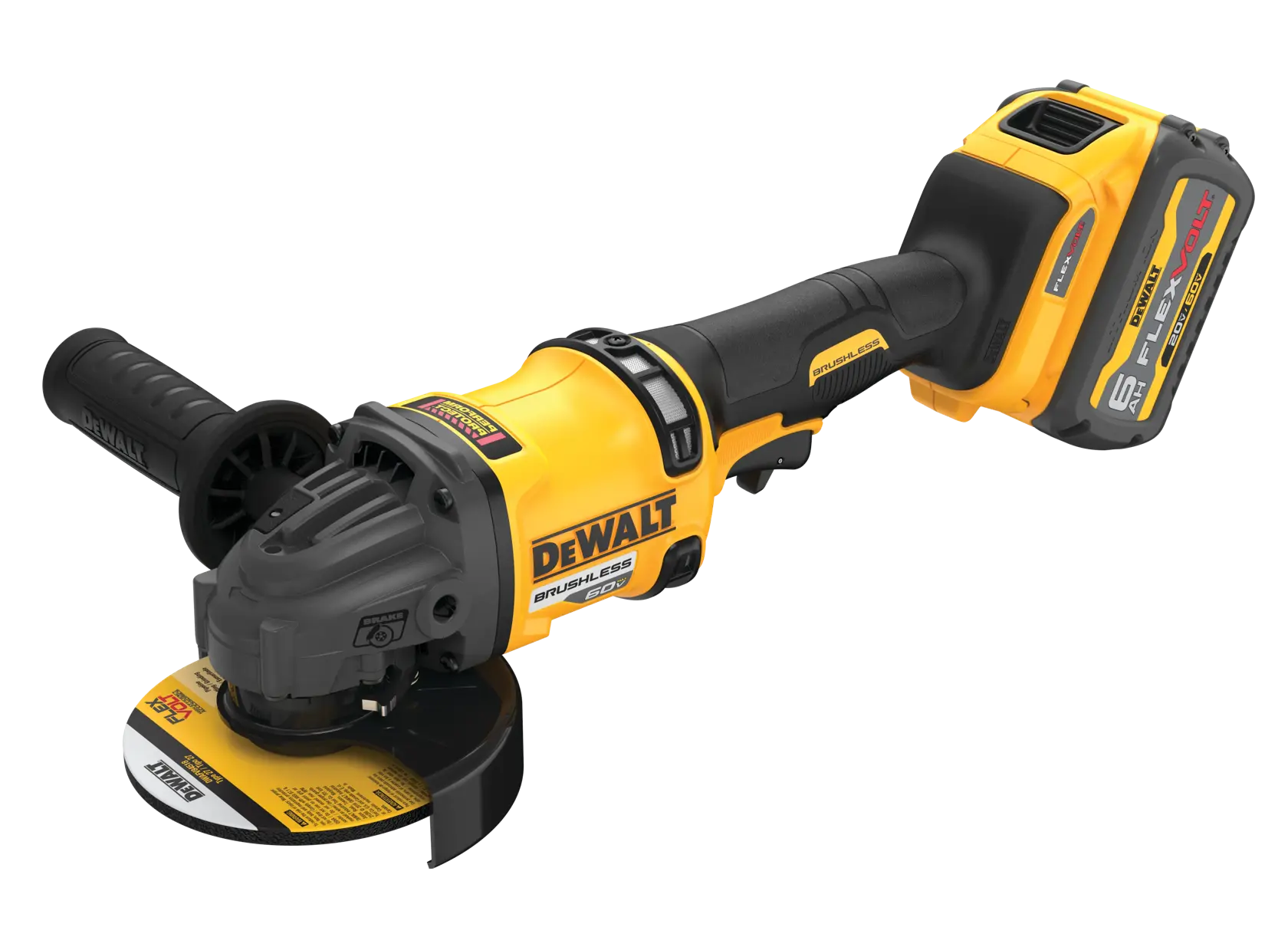 Una amoladora angular inalámbrica DEWALT de color amarillo y negro con un mango lateral y una batería grande acoplada en la parte posterior.