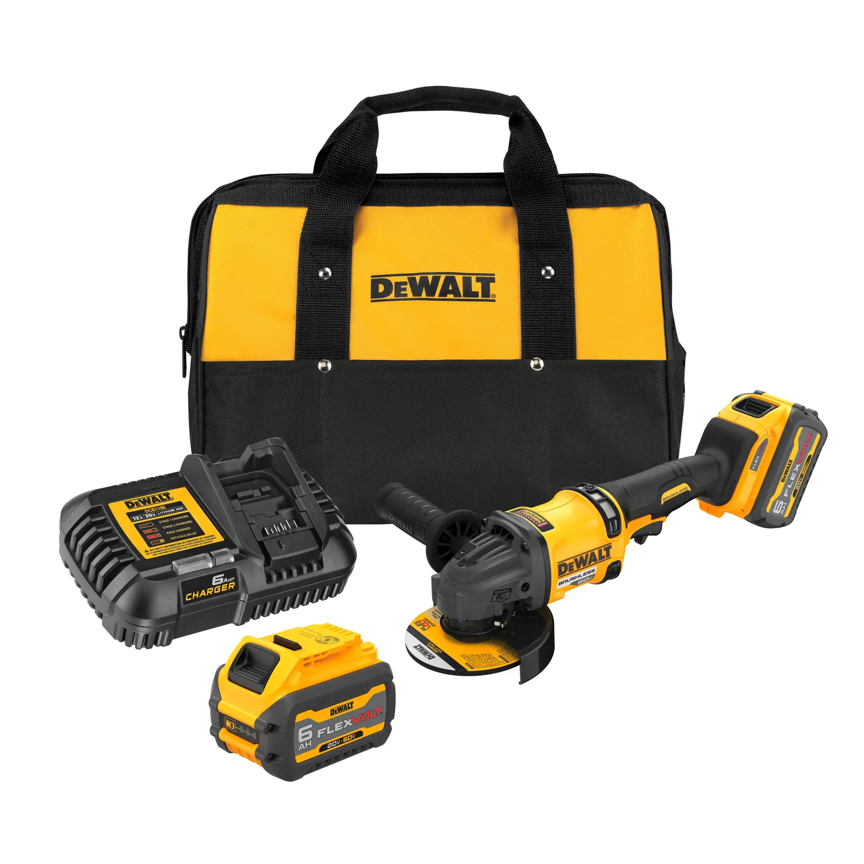 Una amoladora angular inalámbrica sin escobillas DEWALT con diseño amarillo y negro, mango lateral y batería de litio-ion FLEXVOLT 60V adjunta.