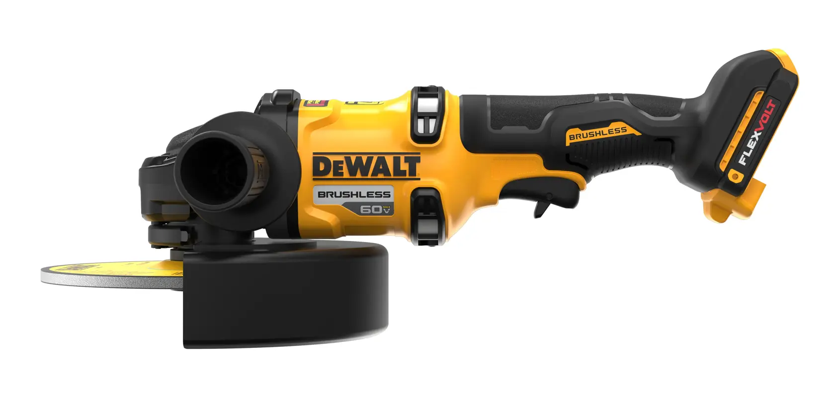 Vista lateral de una amoladora angular inalámbrica DEWALT amarilla y negra con motor sin escobillas y batería FLEXVOLT.