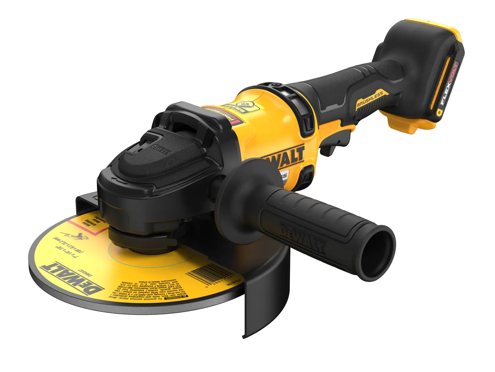 Una amoladora angular inalámbrica DEWALT con diseño amarillo y negro, motor sin escobillas, mango lateral y protector.