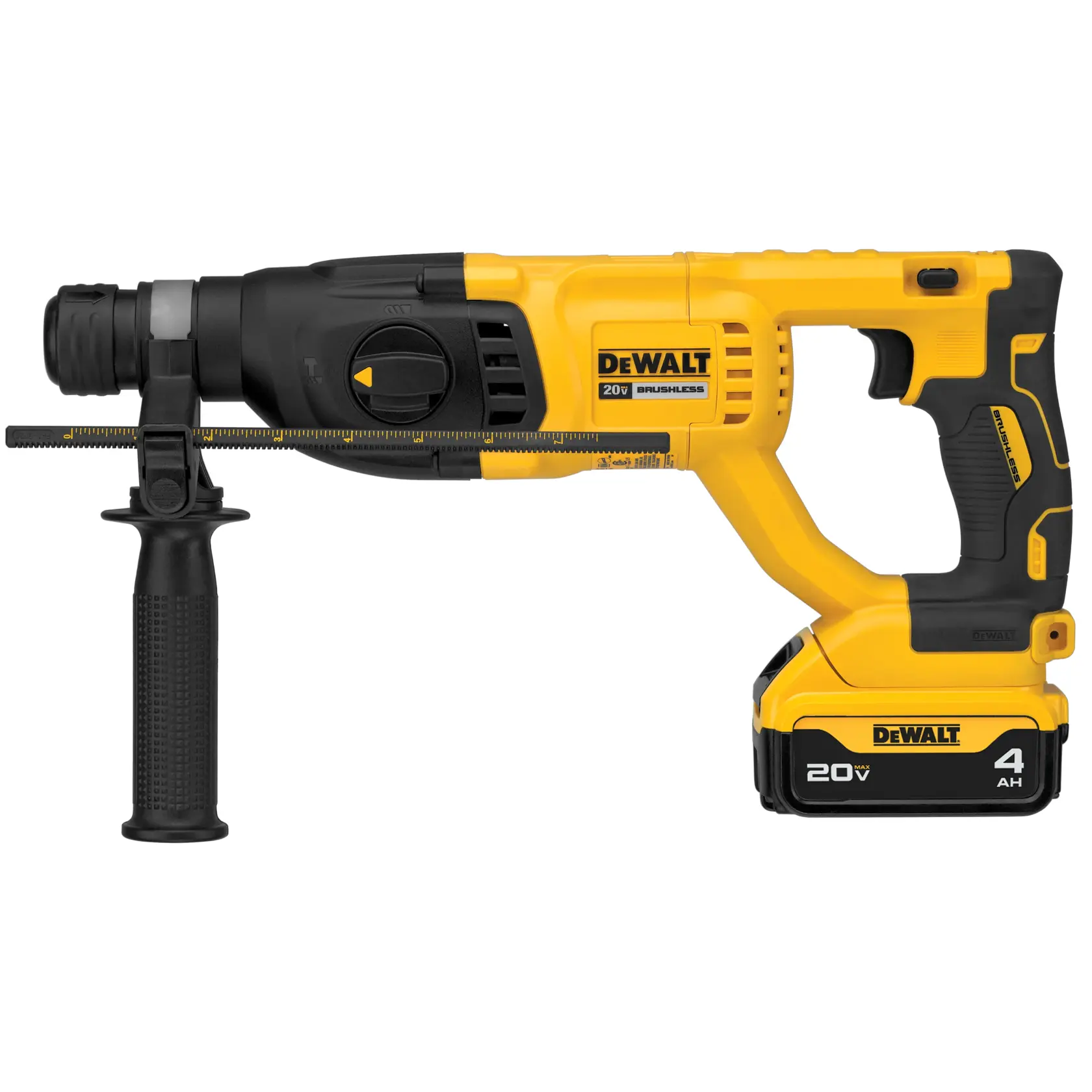 Un taladro rotativo inalámbrico DEWALT amarillo y negro con mango lateral y una batería de 20V 4Ah conectada en la base.