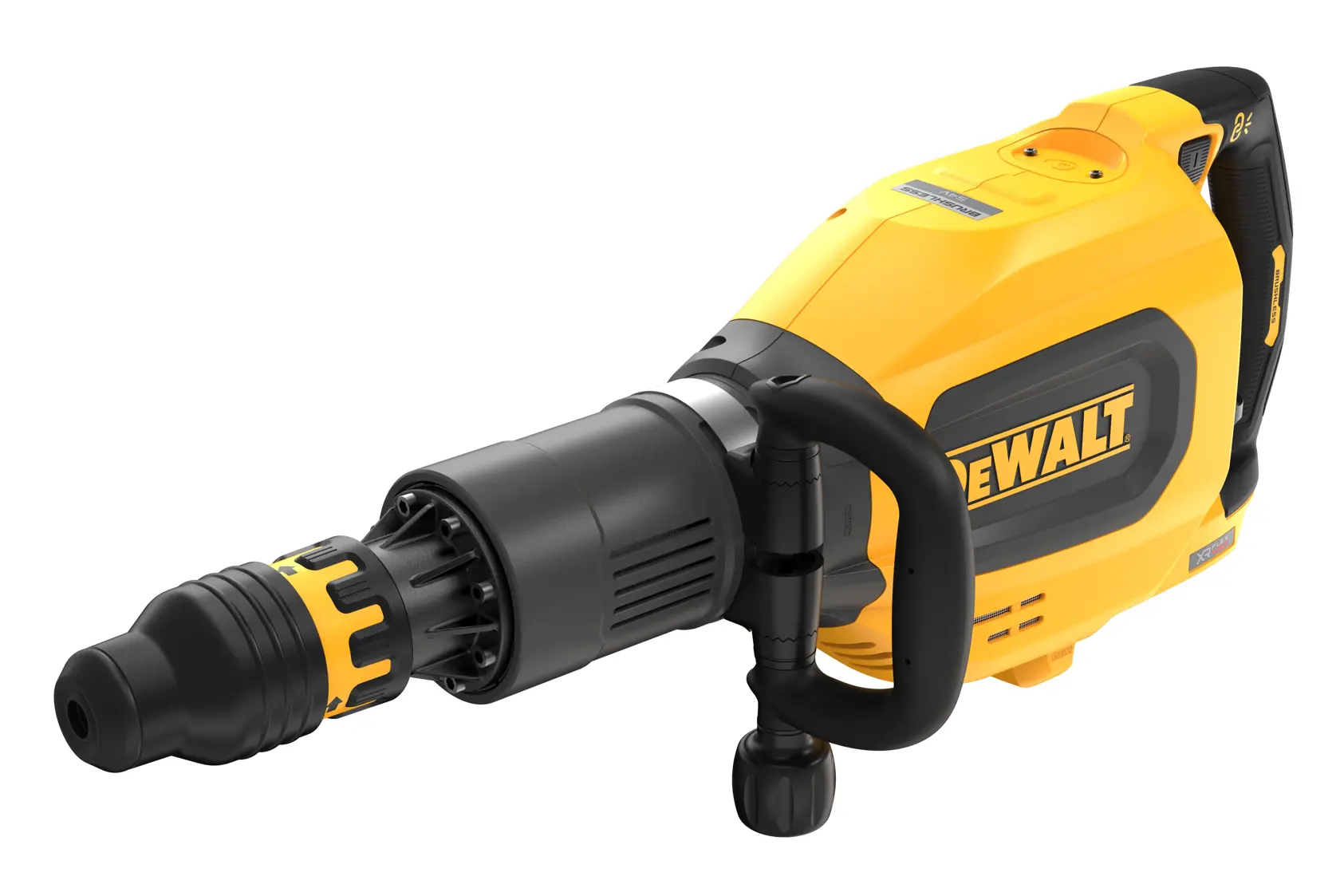 Martillo rotativo inalámbrico DEWALT amarillo con mango lateral, herramienta robusta para perforar y demoler.