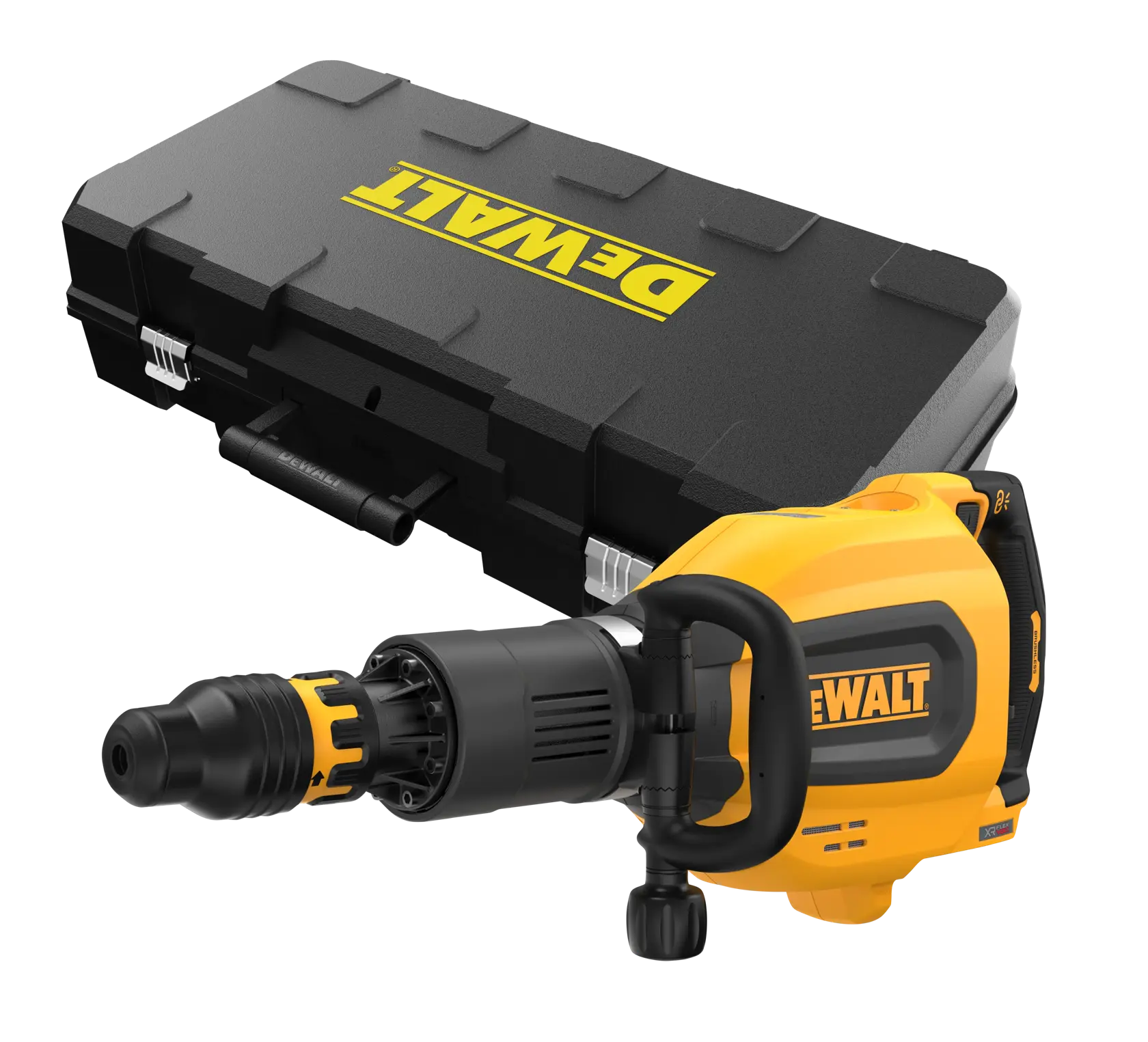 Un martillo demoledor DEWALT amarillo y negro con una empuñadura robusta, mostrado frente a un estuche de transporte negro DEWALT.