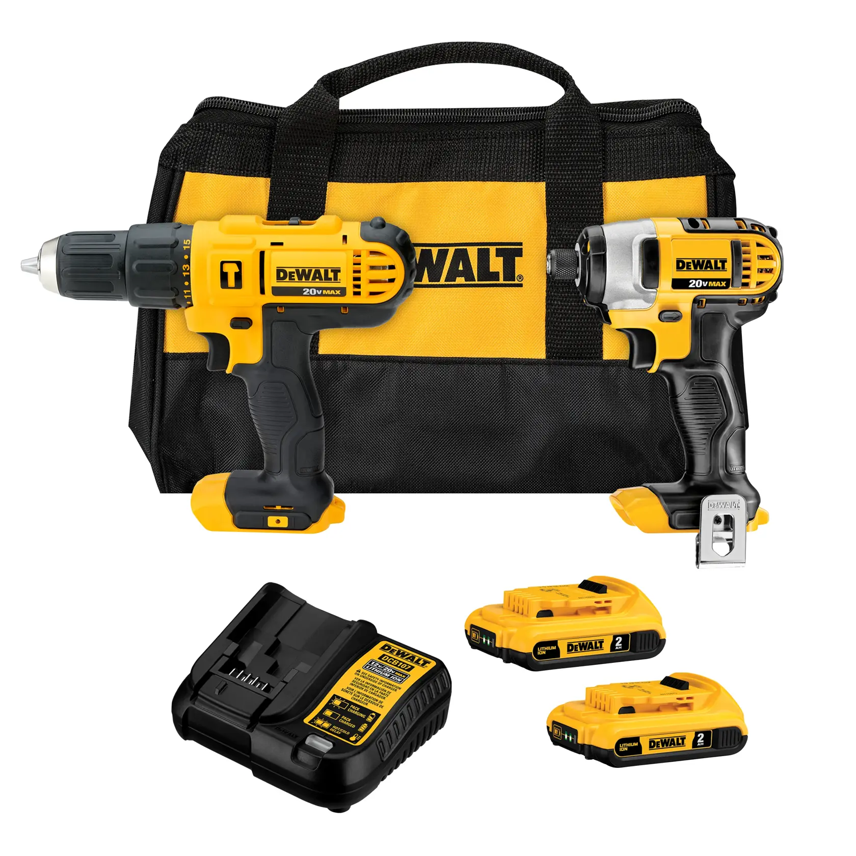 Un set de herramientas inalámbricas DEWALT que incluye un taladro amarillo y negro, un atornillador de impacto, dos baterías recargables, un cargador de batería y una bolsa de transporte negra y amarilla.