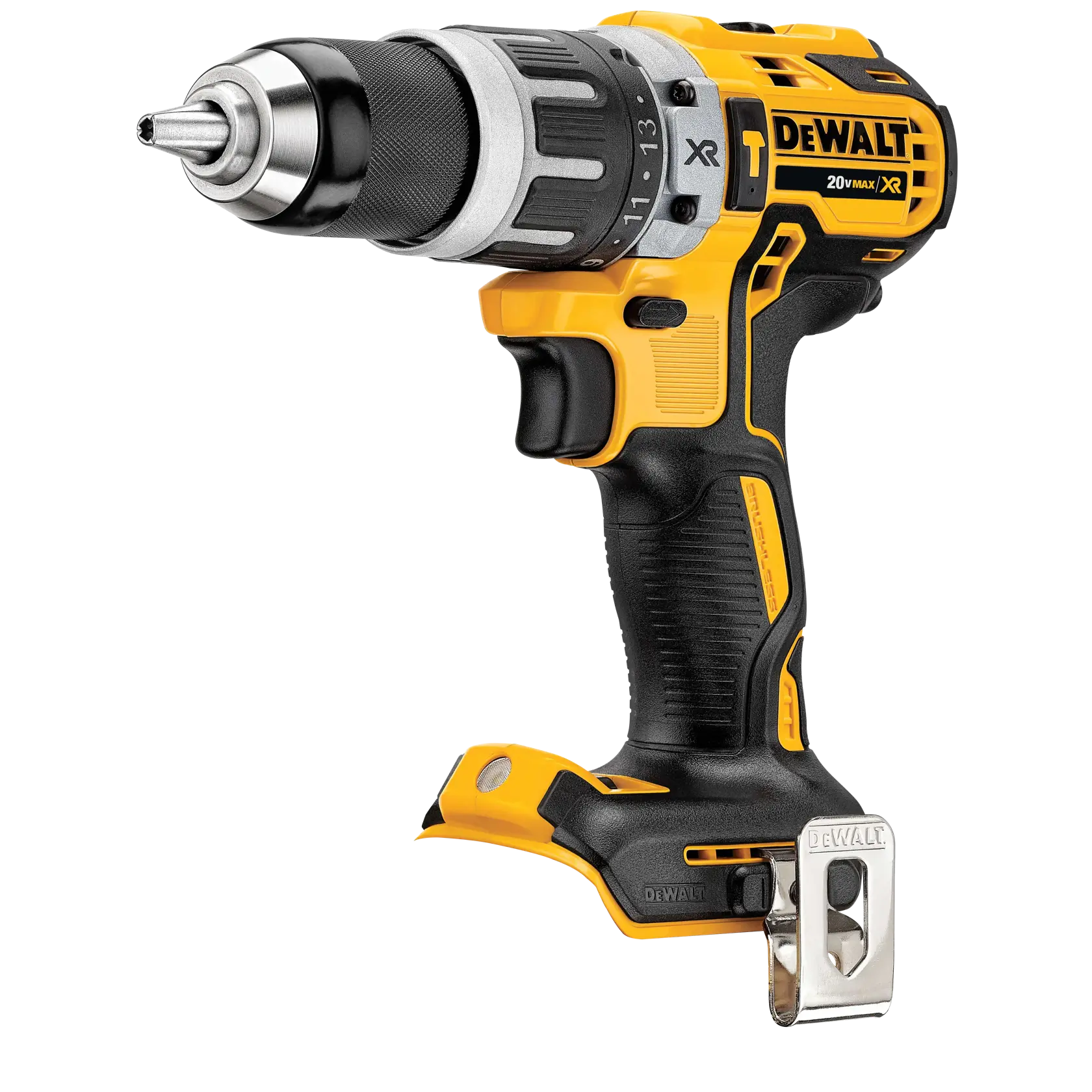 Taladro eléctrico inalámbrico DEWALT amarillo y negro con marca 20V MAX XR y clip metálico para cinturón.
