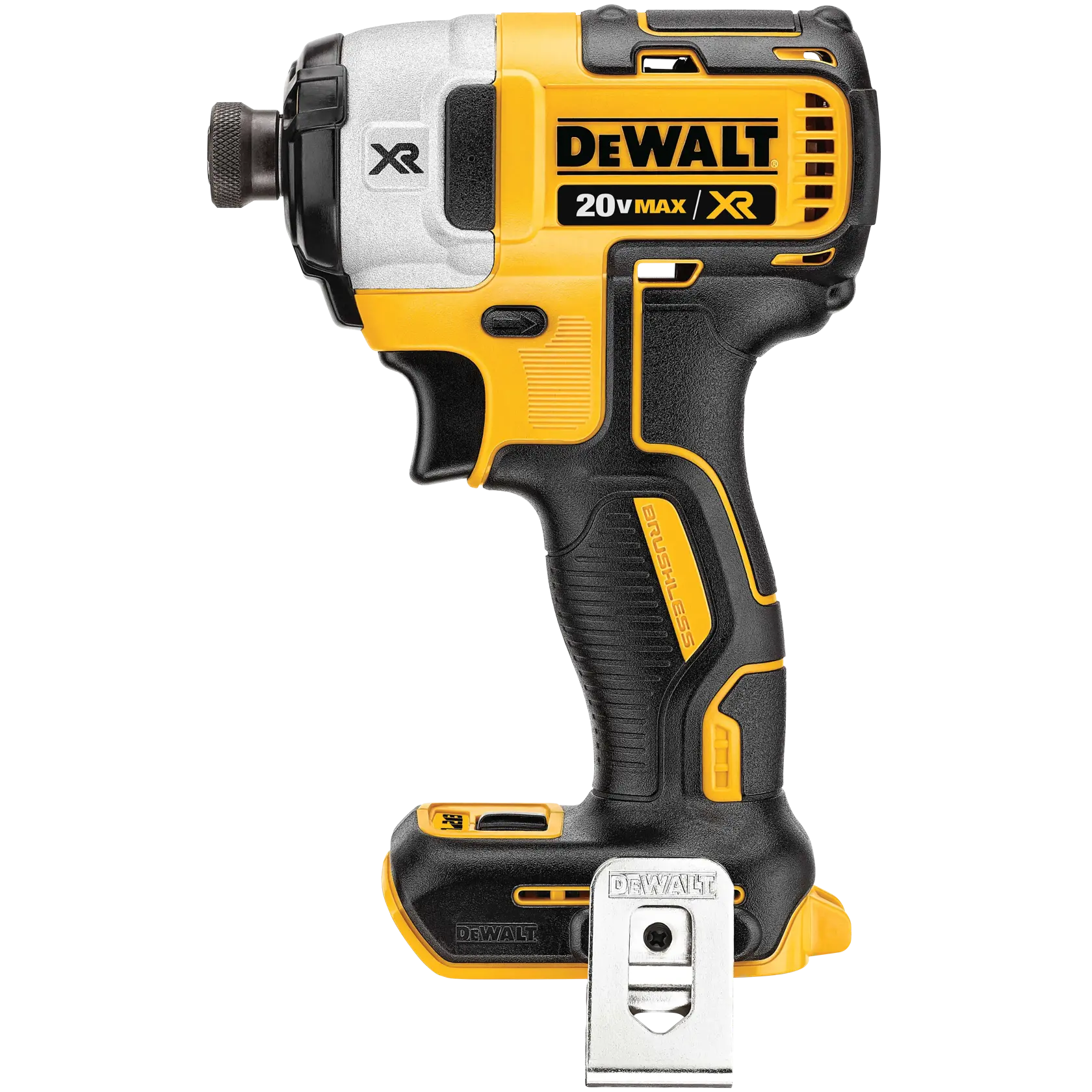 Un destornillador de impacto inalámbrico DEWALT 20V MAX XR en color amarillo y negro, con diseño compacto, clip de metal para cinturón en la base y marca de motor sin escobillas en el mango.