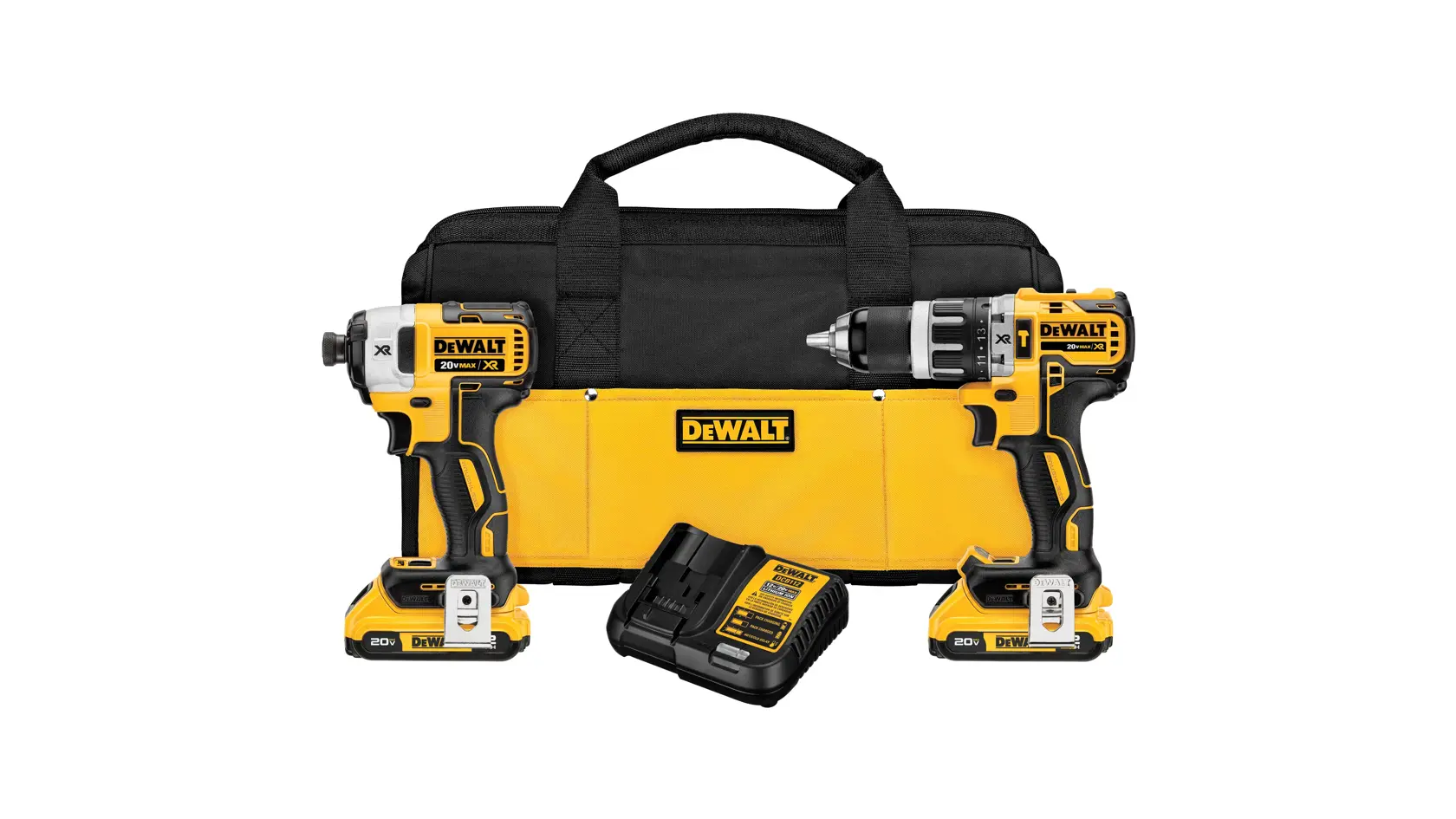 Juego de herramientas DEWALT que incluye una bolsa de transporte negra y amarilla, un taladro inalámbrico, un destornillador de impacto inalámbrico, un cargador de batería y dos baterías.