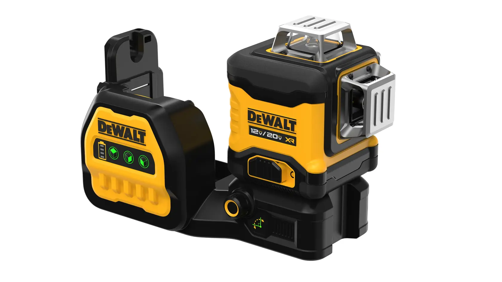 Nivel láser autonivelante DEWALT 12V/20V XR en color amarillo y negro, mostrando su panel de control y base de montaje, diseñado para tareas precisas de alineación y nivelación.