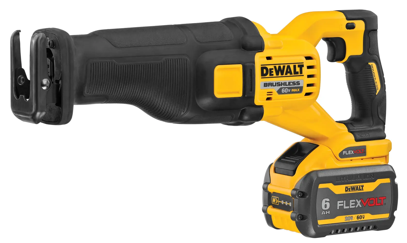 Una sierra recíproca inalámbrica DEWALT 60V Max brushless con batería de litio FLEXVOLT, mostrada en color amarillo y negro.