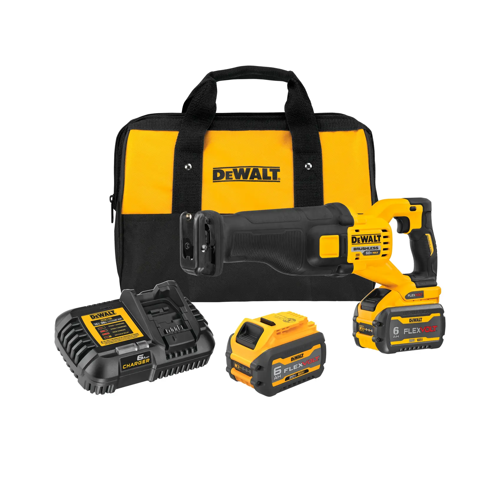 Kit de sierra recíproca DEWALT con bolsa, cargador y dos baterías para cortes inalámbricos.