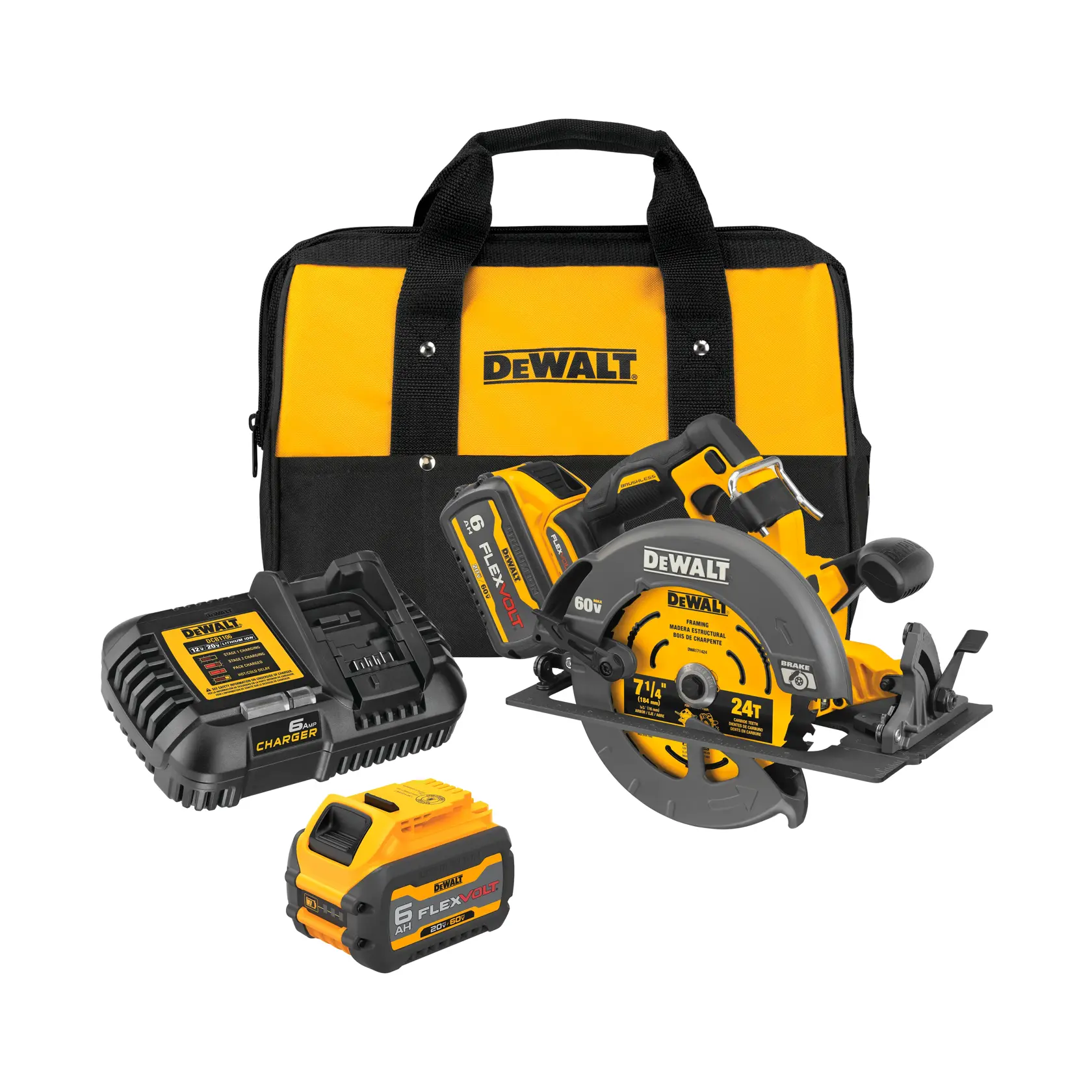 Kit de sierra circular inalámbrica DEWALT, que incluye una sierra circular amarilla y negra, un cargador de batería, una batería FLEXVOLT de 60V y una bolsa de transporte DEWALT amarilla y negra.
