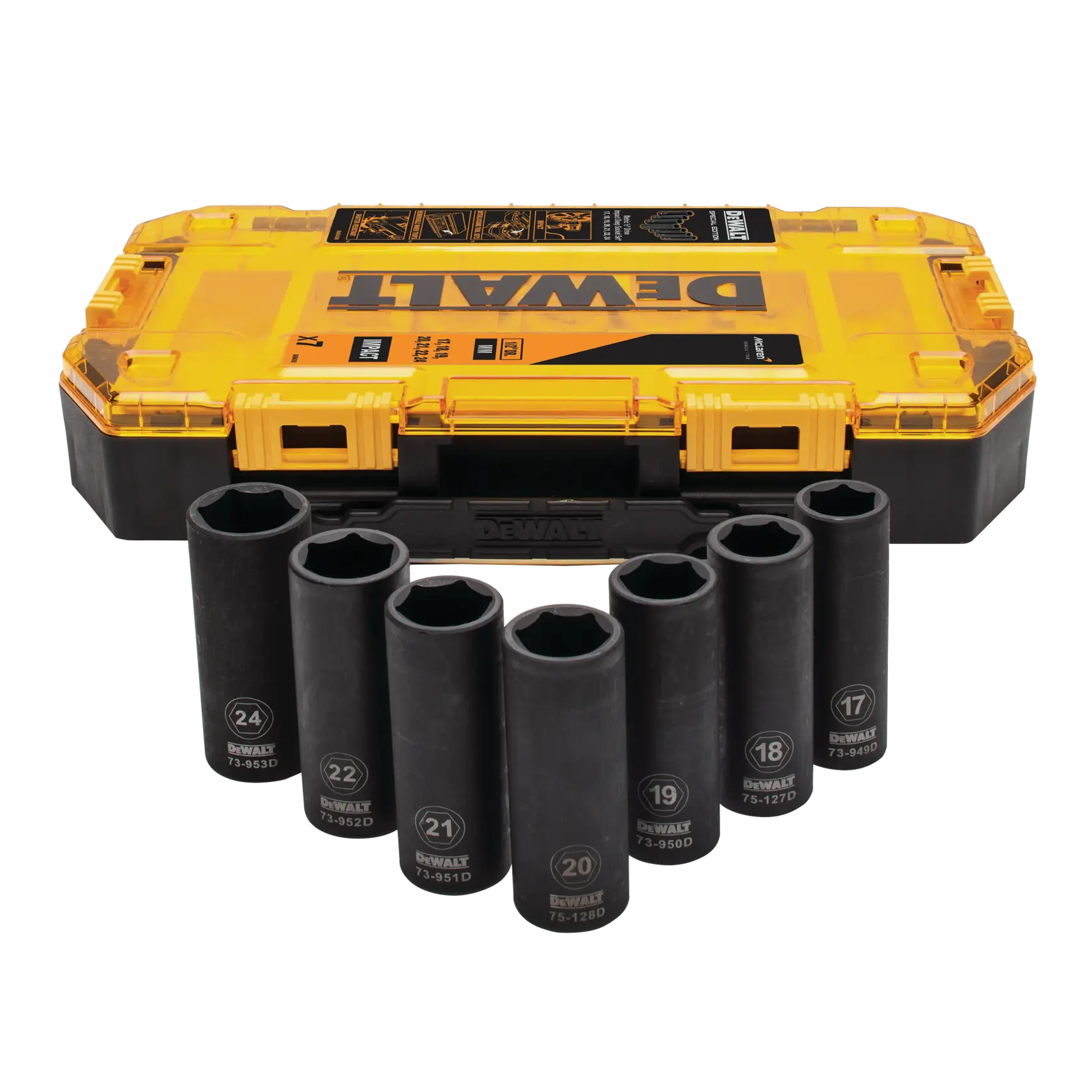 DEWALT DT70905-QZ, DT70905 jogo de soquetes com estojo amarelo. Soquetes na frente. Categoria fotografia.