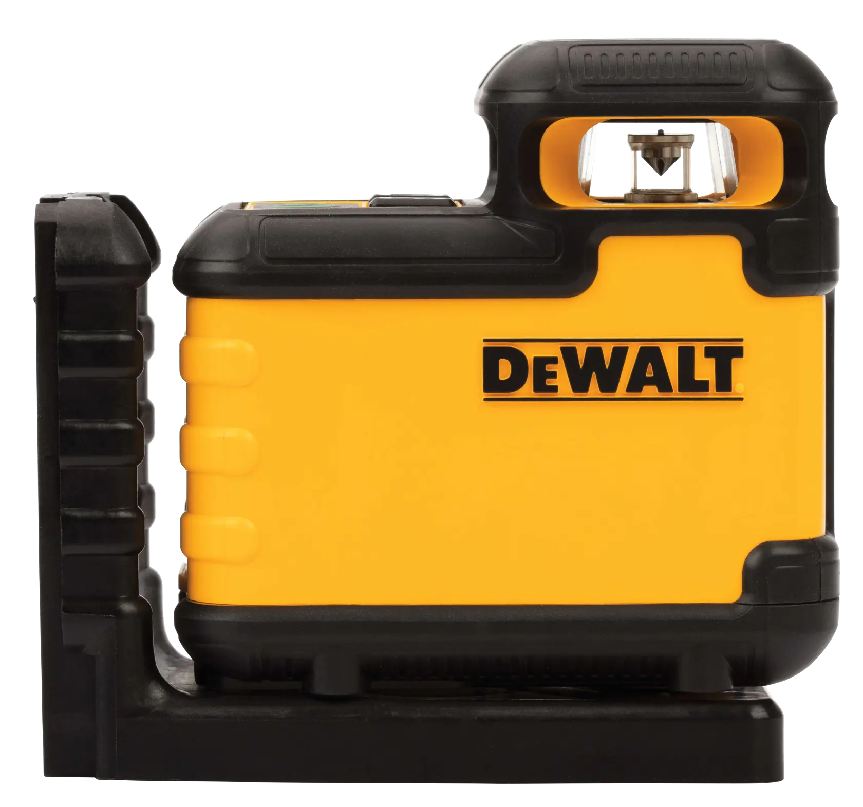 Un nivel láser amarillo y negro DEWALT colocado sobre una base negra, con el logotipo DEWALT visible en el lateral.