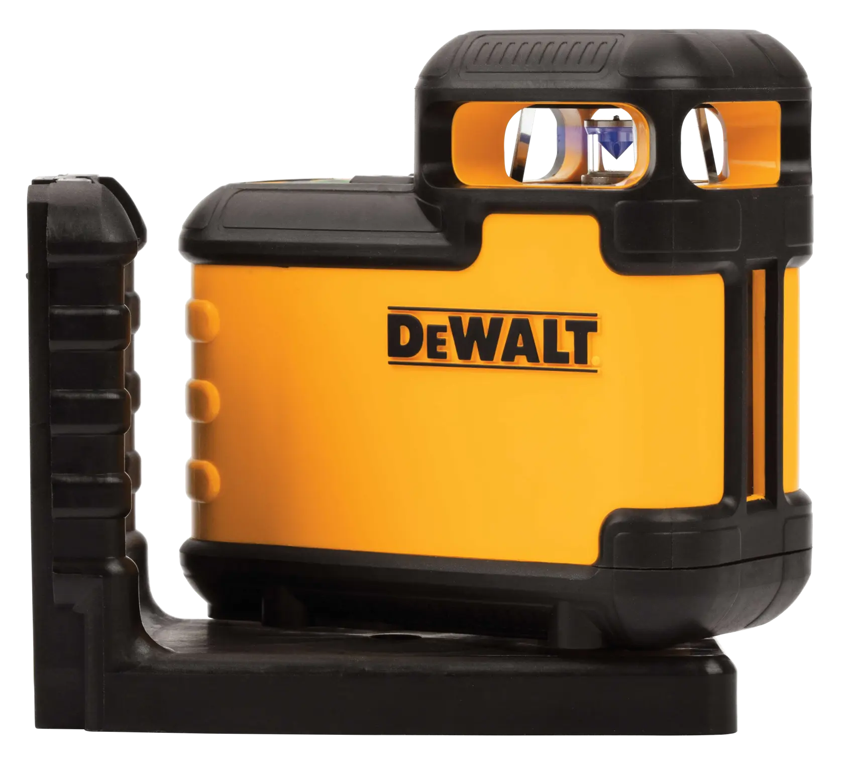 Una herramienta de nivel láser amarilla y negra con la marca DEWALT, montada sobre una base negra, diseñada para tareas de nivelación y alineación precisas en fotografía y construcción.