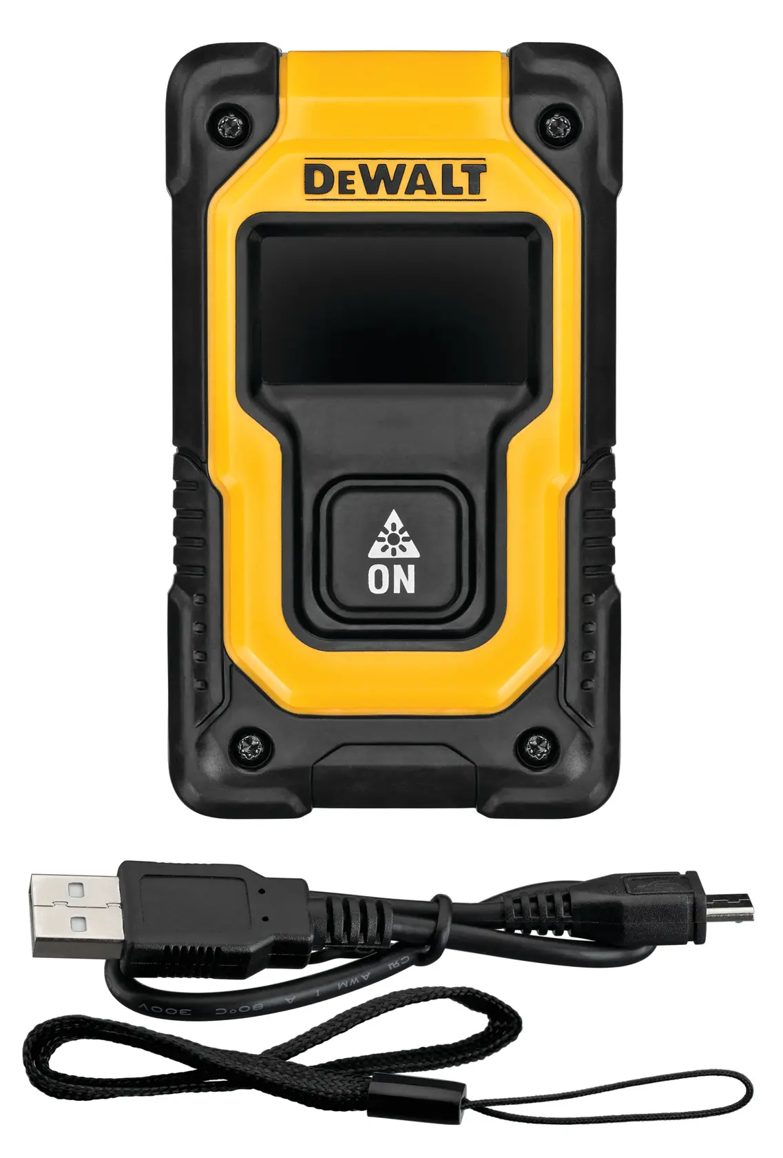 Un medidor de distancia láser compacto DEWALT DW055PL en amarillo y negro, mostrado con un cable de carga USB y una correa de muñeca.