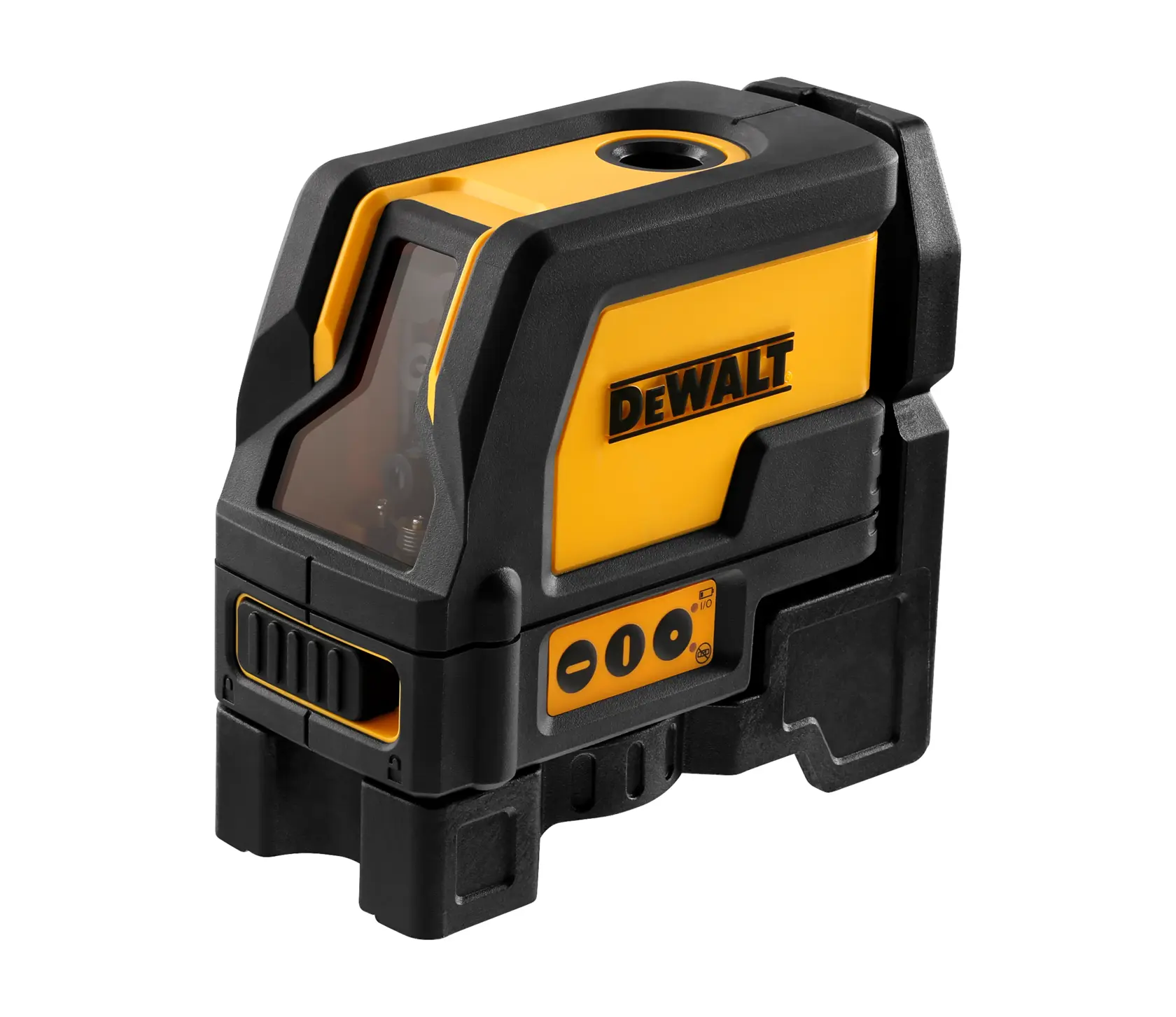 Nivel láser de líneas cruzadas DEWALT DW0822 amarillo y negro para alineación precisa, vista lateral.
