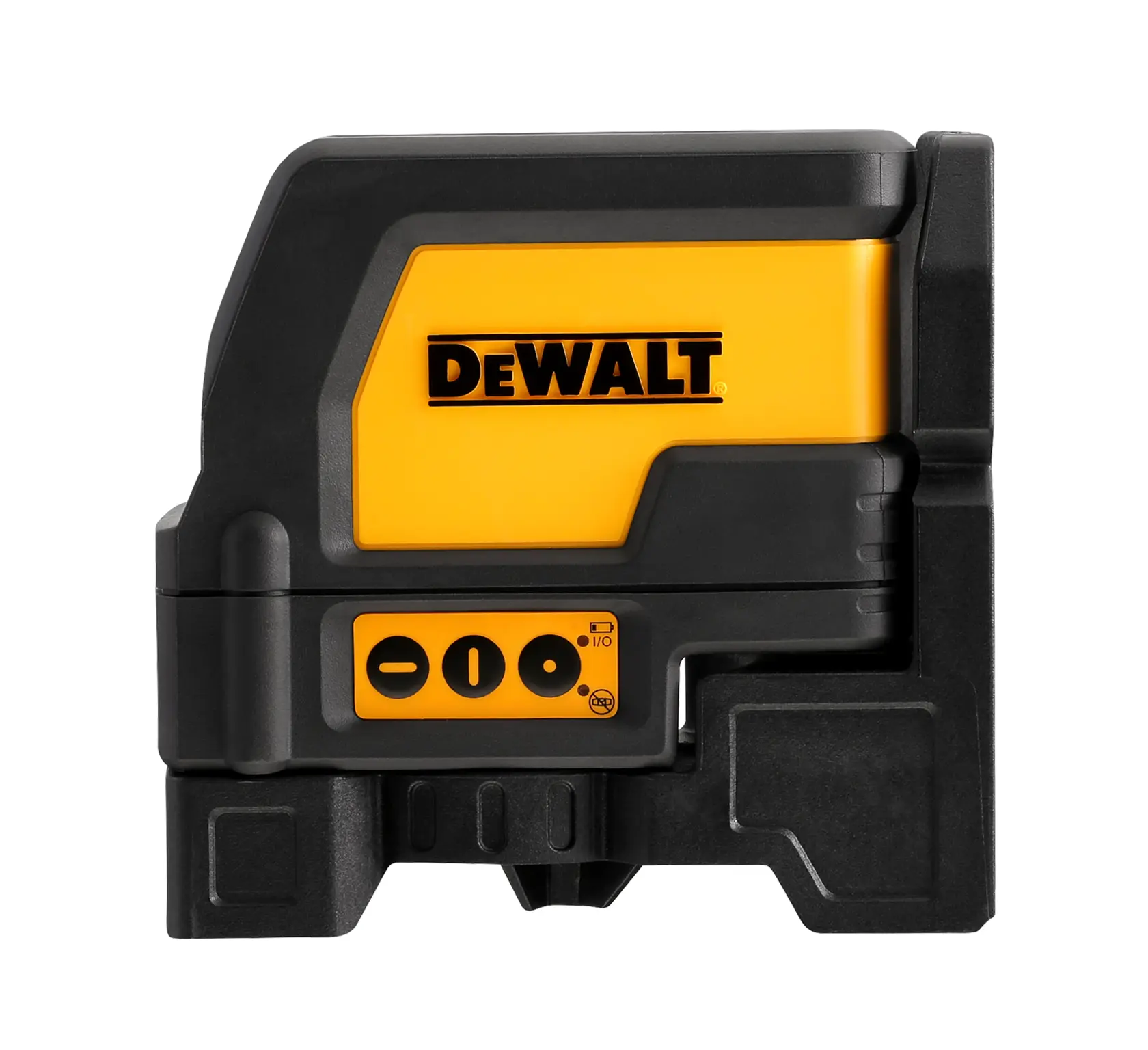 Nivel láser DEWALT DW0822 negro y amarillo, vista lateral con botones de control visibles.