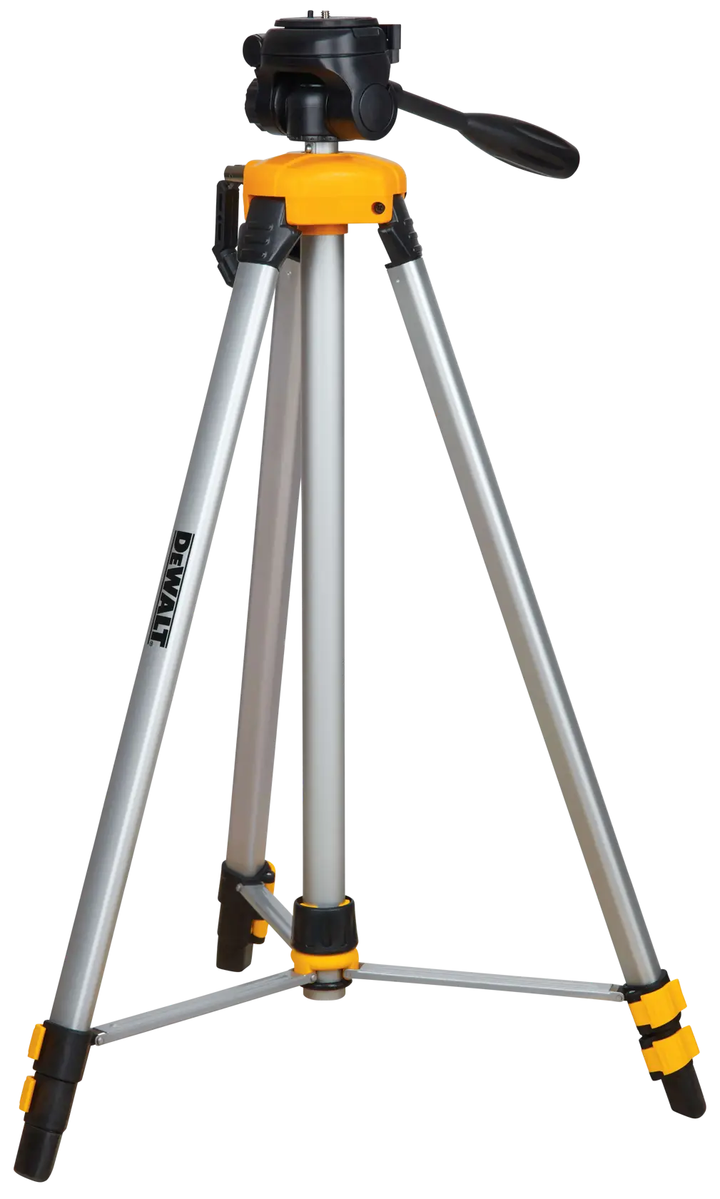 Un trípode para fotografía de la marca DEWALT con patas plateadas y detalles amarillos, con patas ajustables y una cabeza panorámica negra.